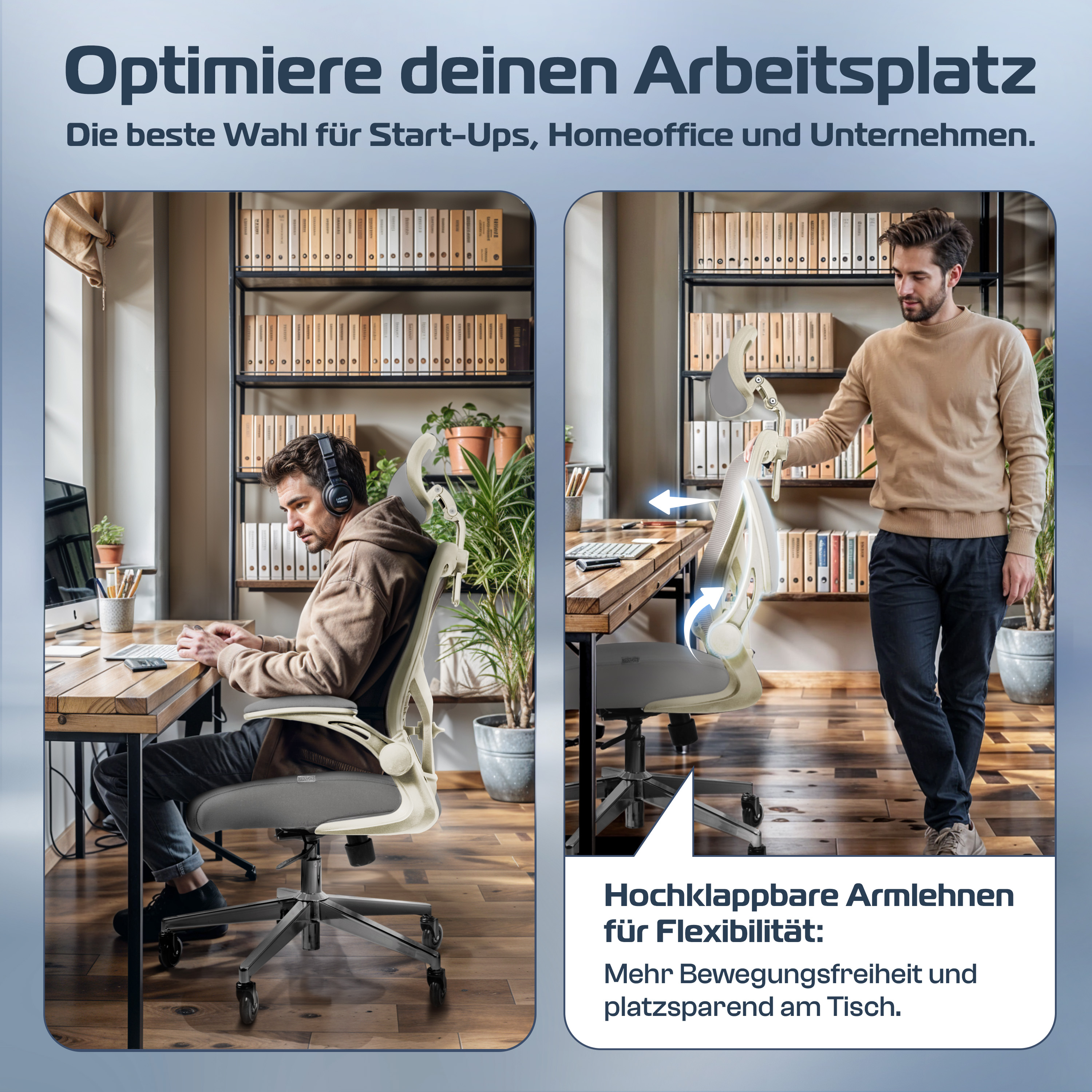 Das Bild zeigt zwei Personen in einem Büroumfeld. Eine Person sitzt an einem Schreibtisch mit Kopfhörern, die andere steht in der Nähe eines Stuhls.