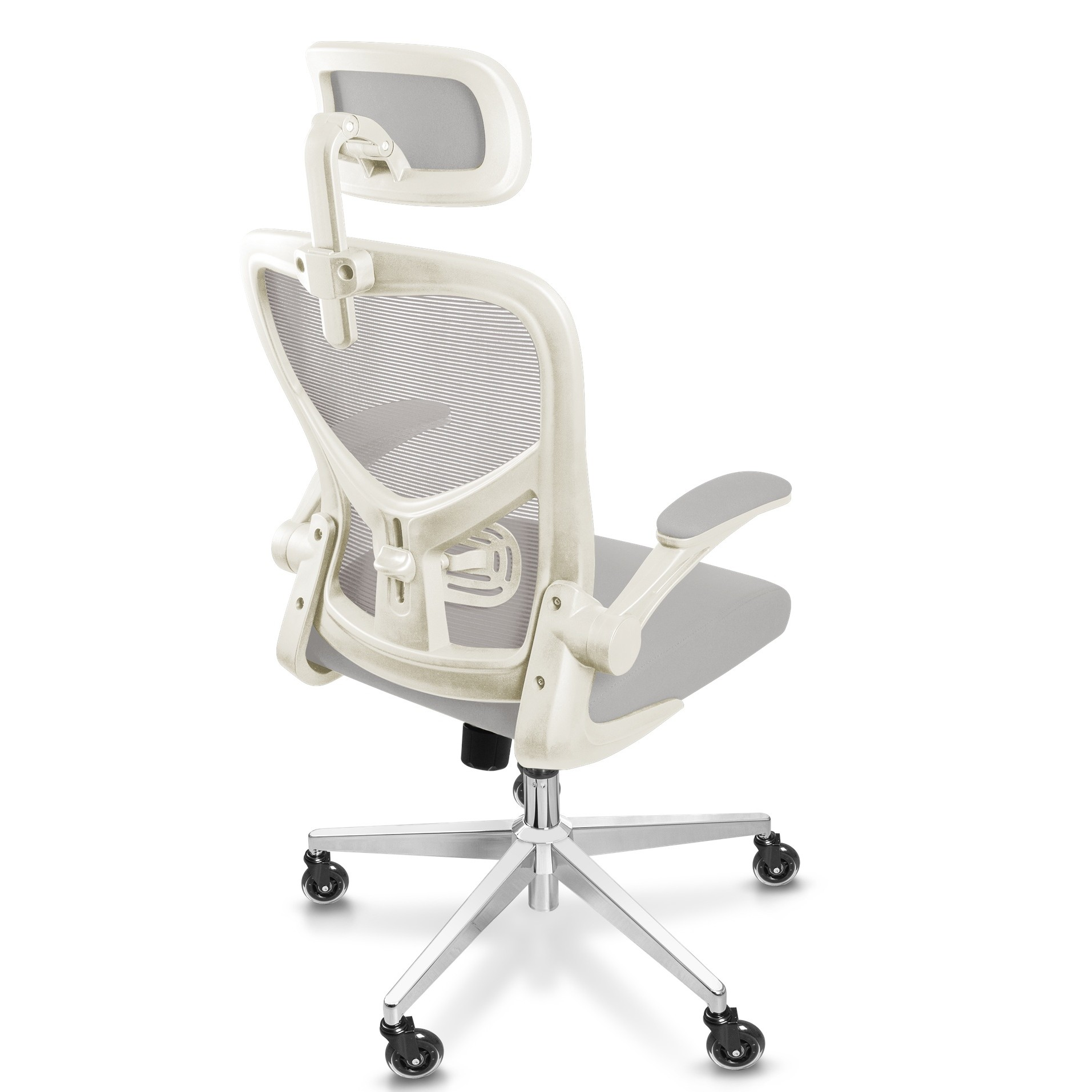 Ein ergonomischer Bürostuhl mit Netzrücken, verstellbarer Kopfstütze, Armlehnen und Fünf-Rollen-Fuß in neutralen Tönen.