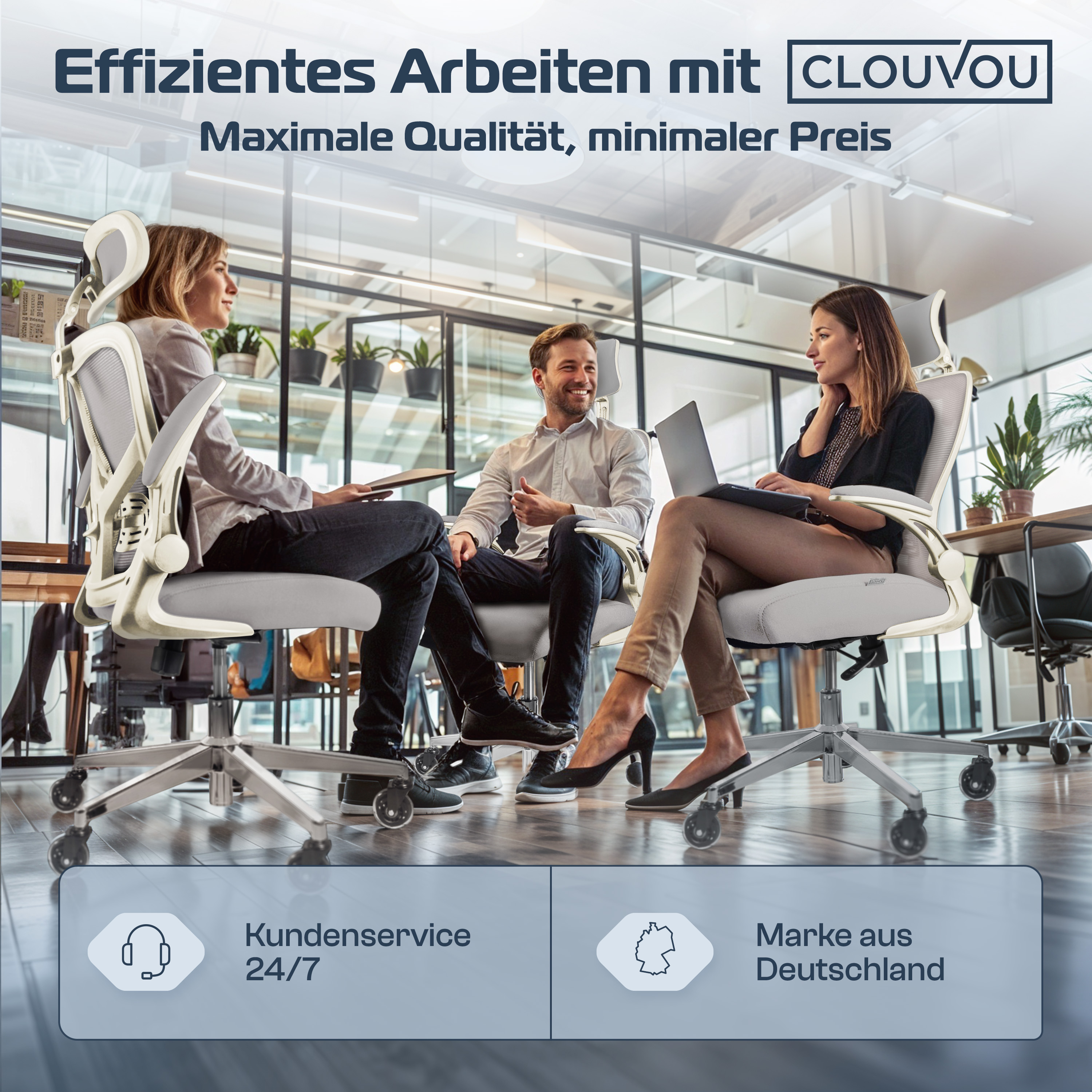 Drei Personen sitzen auf Bürostühlen. Das Bild wirbt für eine Marke. Der Hintergrund ist ein modernes Büro. Texte: 24/7 Kundenservice, Made in Germany.