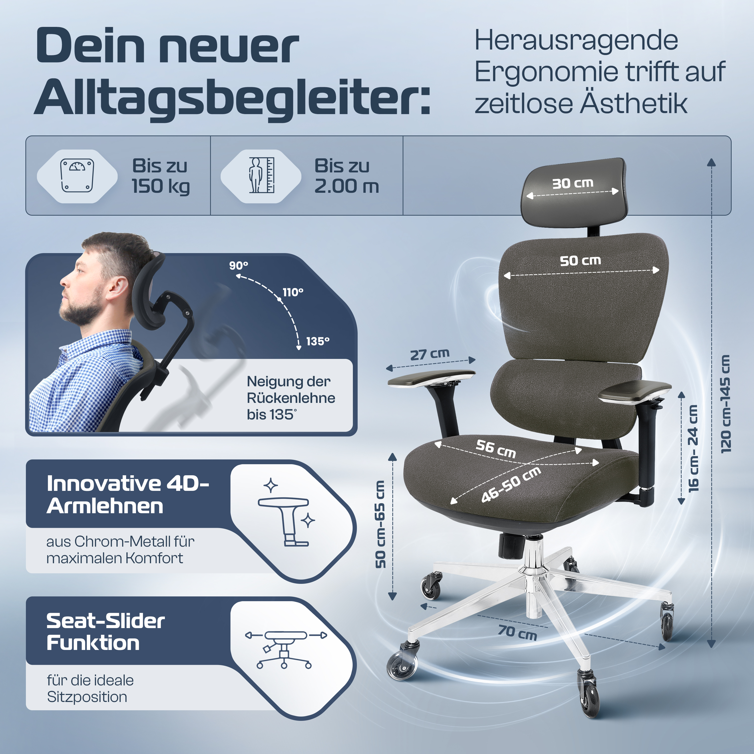Ein Bürostuhl mit verstellbaren Armlehnen und Rückenlehne. Abmessungen werden angezeigt. Ein Mann sitzt im Stuhl.