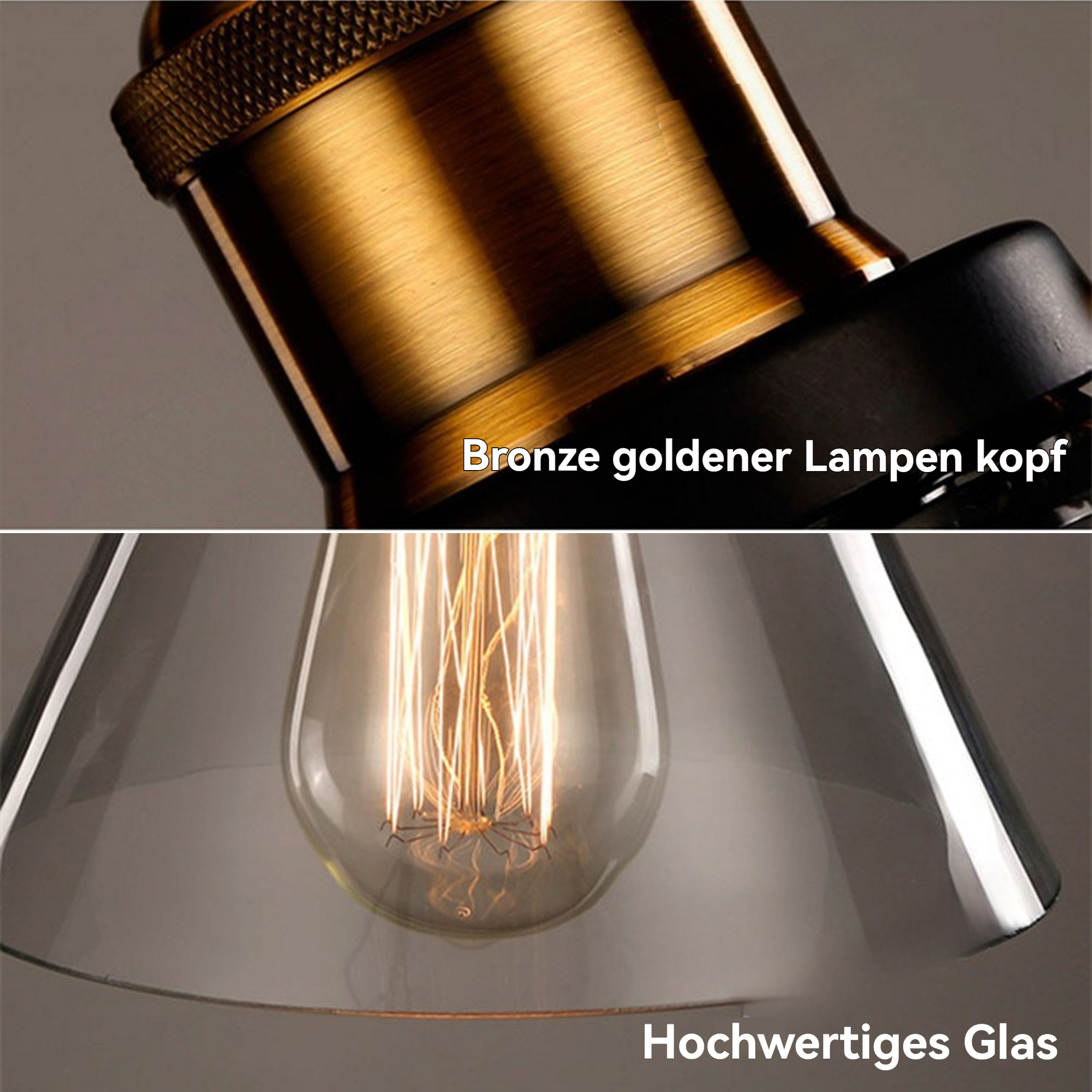 Nahaufnahme einer Lampe. Oben Bronze, unten Glas. Eine Glühbirne mit sichtbaren Filamenten ist innen.