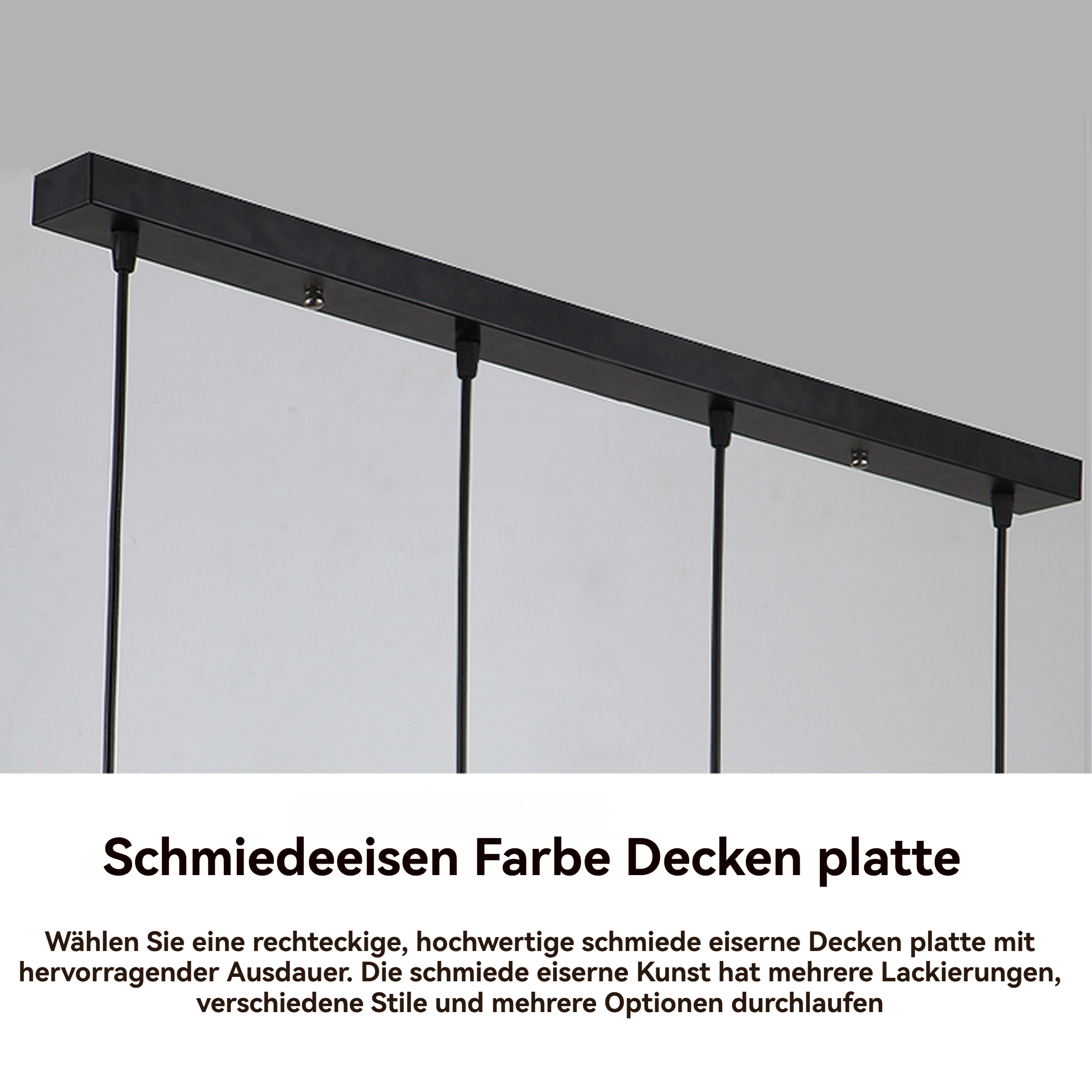 Eine schwarze, rechteckige Deckenplatte mit schwarzen Hängekabeln. Der Hintergrund ist hellgrau, darunter Text.