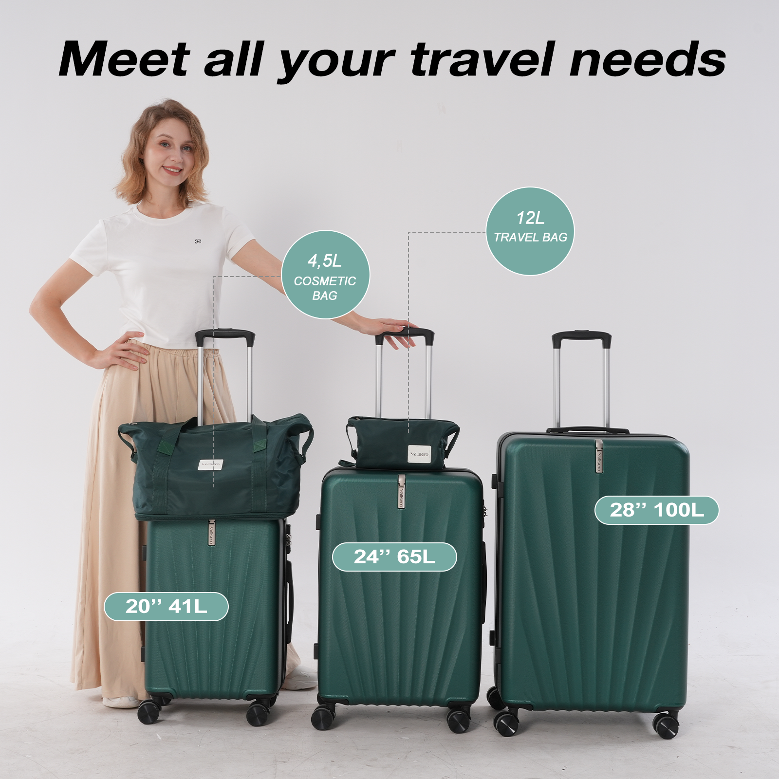 Une femme se tient près d'ensembles de bagages. Trois valises vertes de différentes tailles sont présentées, avec des trousses de toilette supplémentaires.