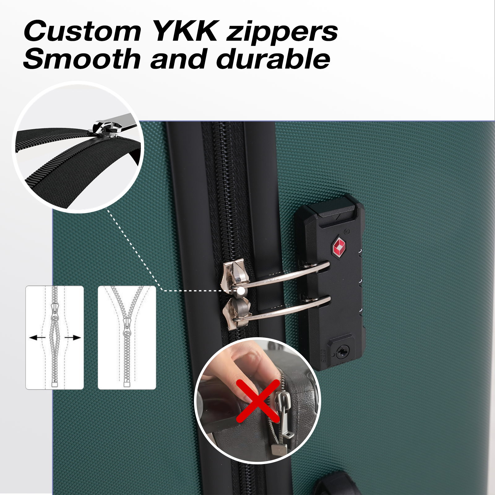 Valise verte avec fermetures éclair YKK. Gros plan sur la fermeture éclair et la serrure. Image montre l'utilisation correcte et incorrecte.
