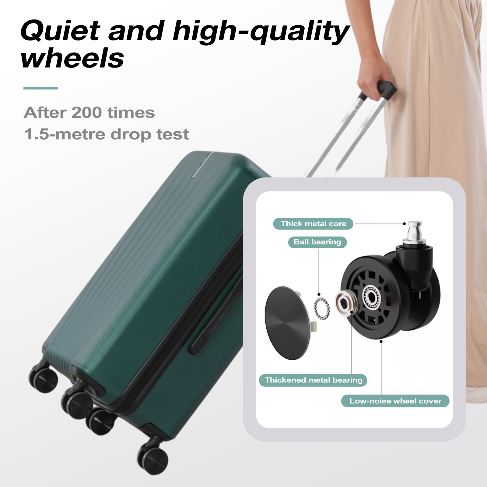 Valise verte avec composants de roues détaillés. Texte : «Roues silencieuses et de haute qualité». Une personne tient la poignée.
