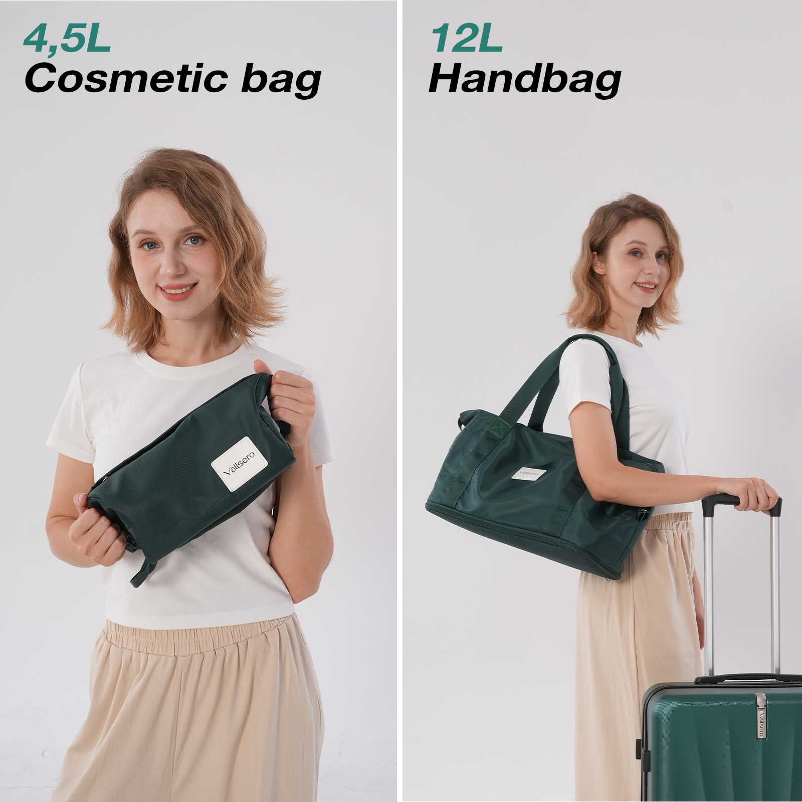 Femme tenant une trousse de maquillage et un sac à main verts. Le fond est blanc.