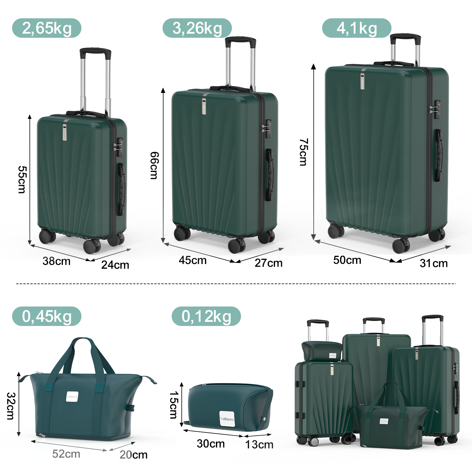 L'image montre différentes tailles de valises et sacs verts, chacun avec des dimensions et des poids étiquetés. Les valises sont droites avec des poignées.