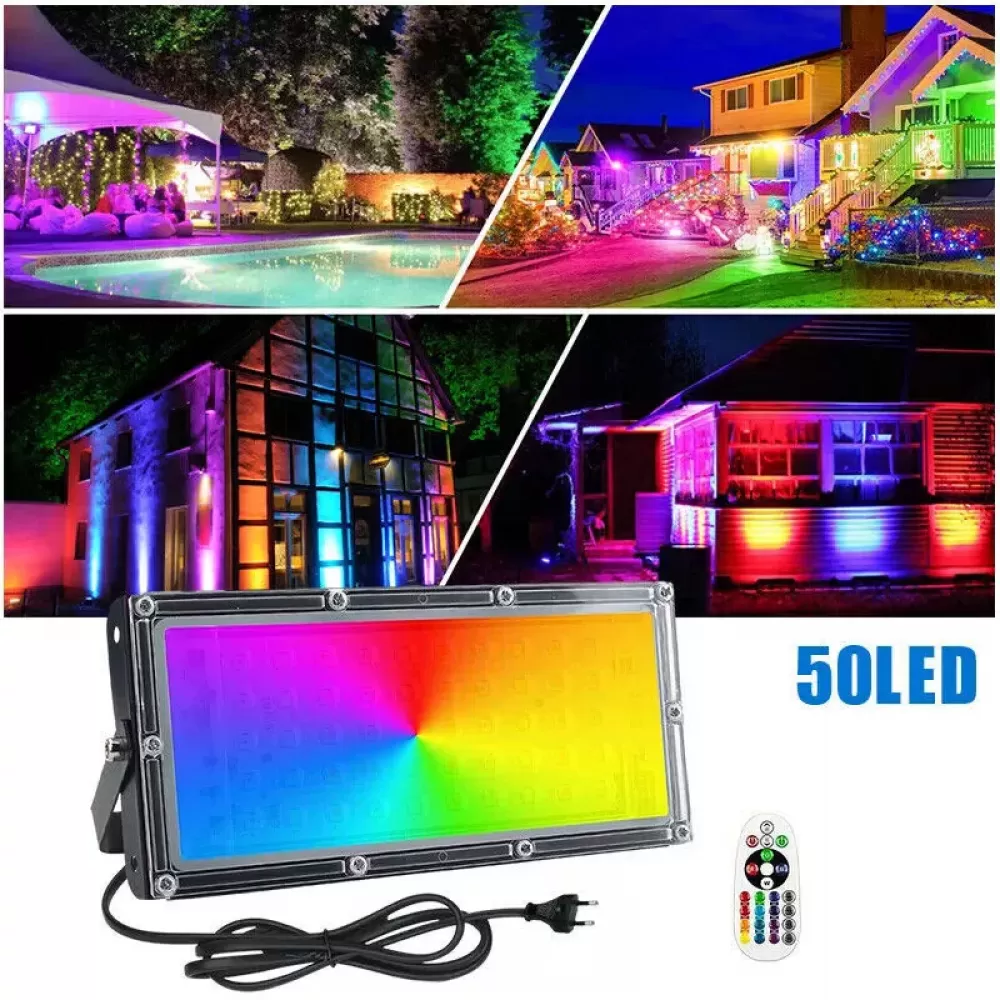 Zusammengesetztes Bild von farbenfrohen Außenbeleuchtungsszenen, einem LED-Panel und einer Fernbedienung. Szenen umfassen Häuser und einen Poolbereich.