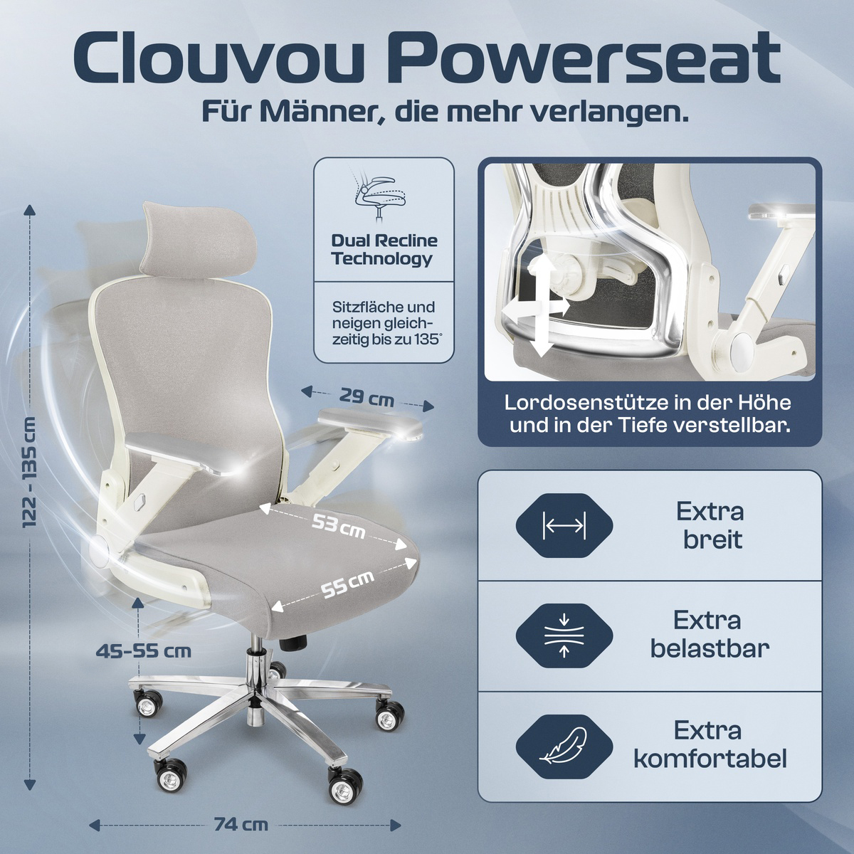 Ein ergonomischer Bürostuhl mit beschrifteten Abmessungen und Funktionen, einschließlich Dual-Recline und Lordosenstütze.