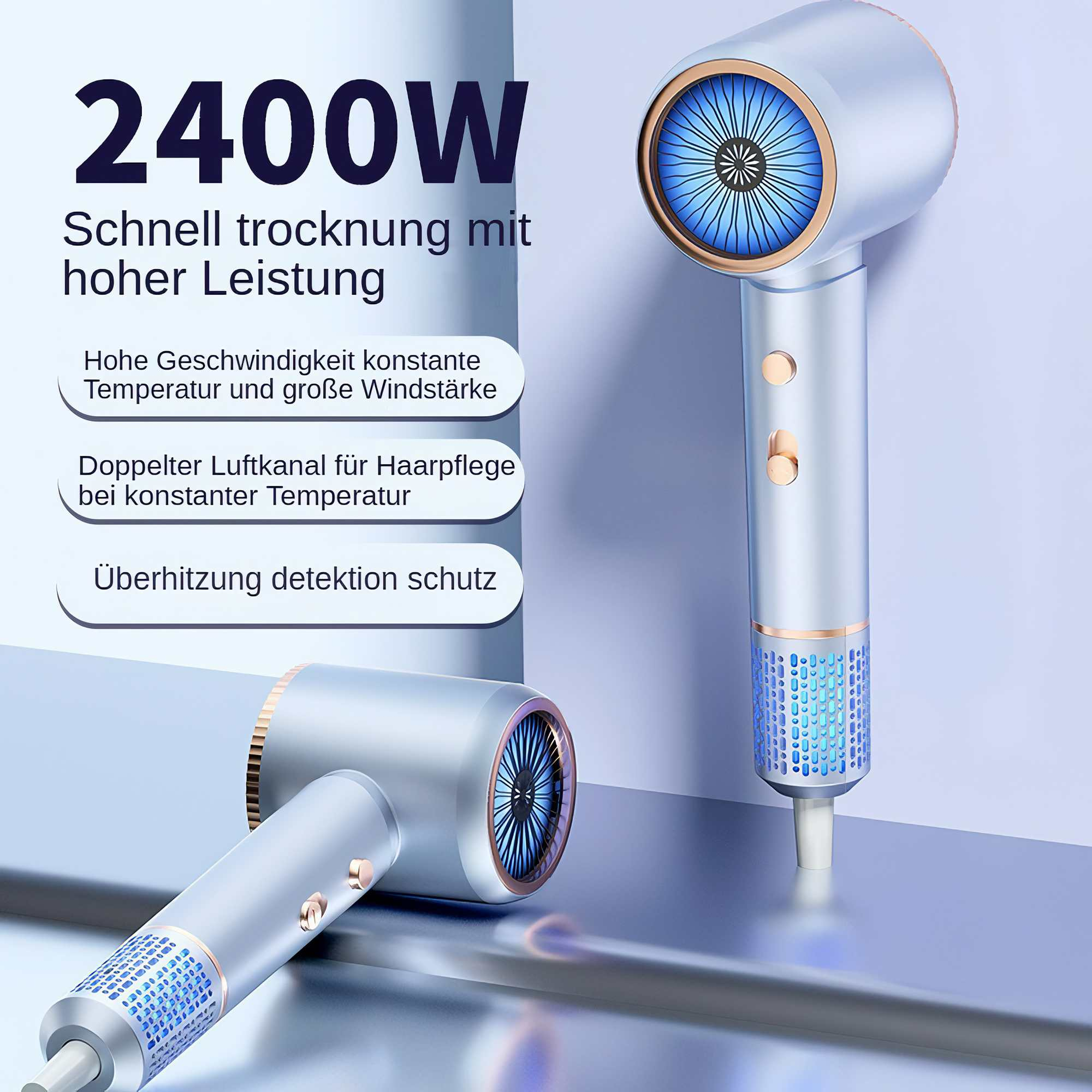 Ein silberner und goldener Fön wird angezeigt. Der Text lautet 2400W und Schnell trocknung mit hoher Leistung.