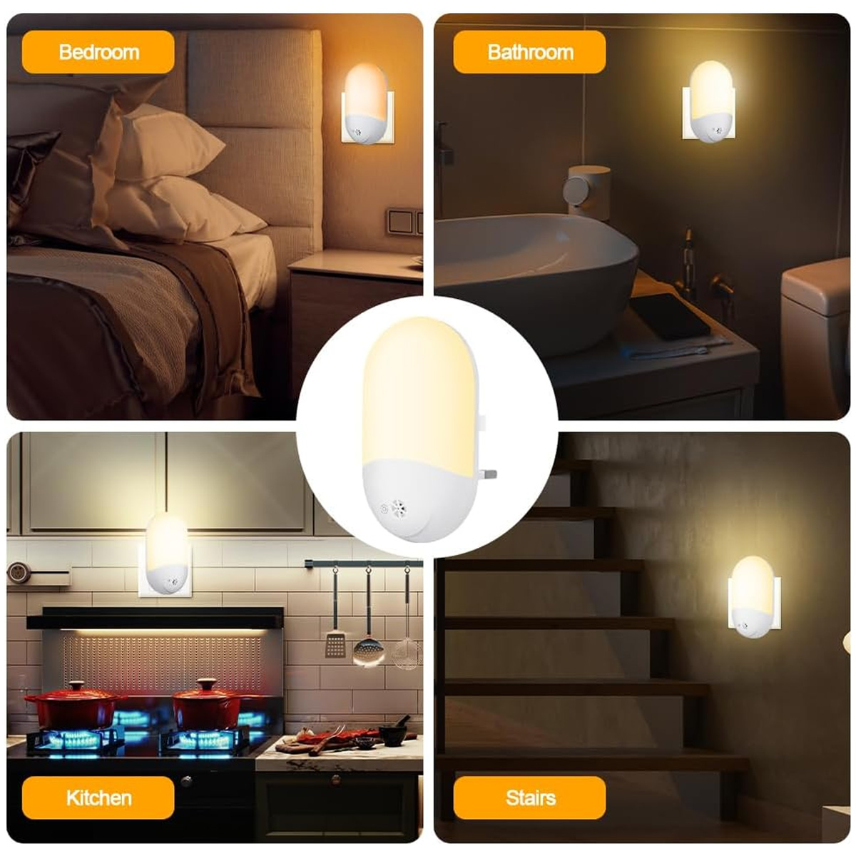 Das Bild zeigt ein Nachtlicht in vier verschiedenen Umgebungen: Schlafzimmer, Badezimmer, Küche und Treppe. Das Nachtlicht ist oval und weiß.