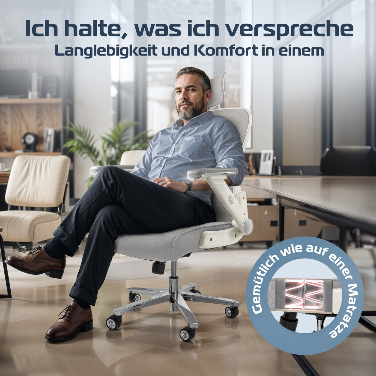 Ein Mann sitzt in einem Bürostuhl. Der Text lautet: „Ich halte meine Versprechen“. Der Stuhl hat ein Heizelement. Die Szene ist in einem Büro.