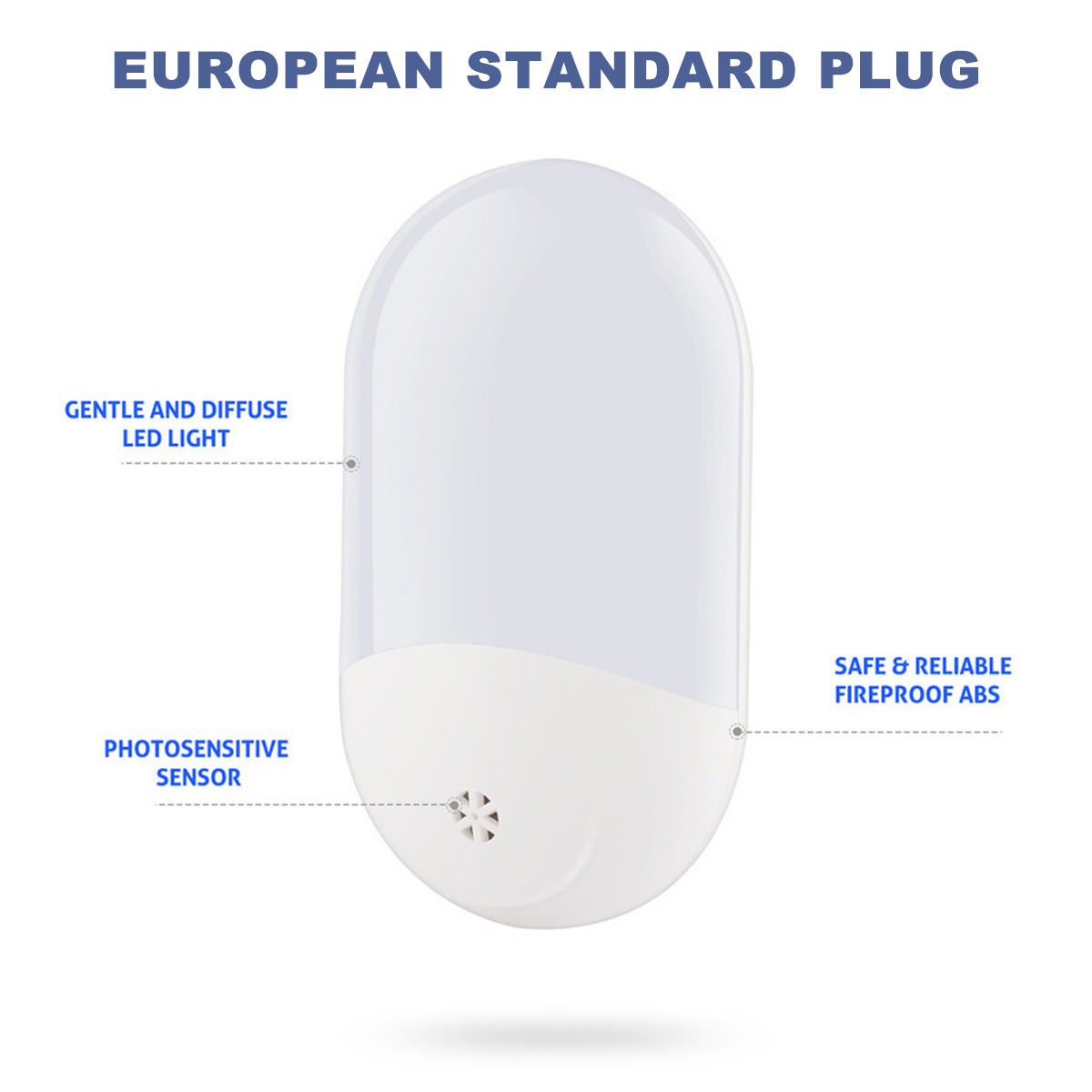 Ein weißes Nachtlicht nach europäischem Standard. Es hat einen lichtempfindlichen Sensor und sanftes LED-Licht. Es besteht aus feuerfestem ABS.