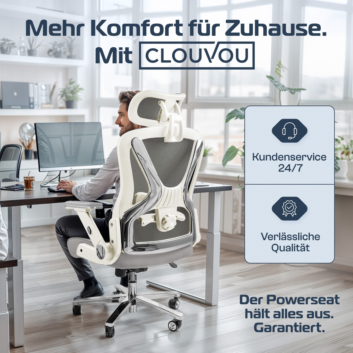 Ein Mann sitzt in einem Bürostuhl und arbeitet an einem Schreibtisch mit einem Computer. Der Stuhl ist weiß und grau. Der Hintergrund hat Büroelemente.