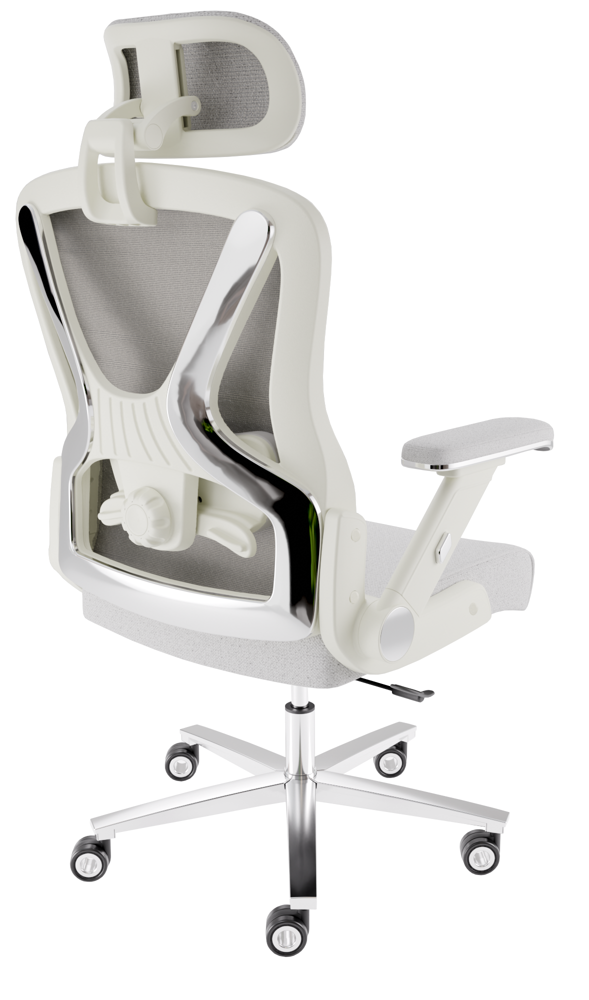 Ein ergonomischer Bürostuhl mit weißem Rahmen, grauem Netzrücken, Chromakzenten und einem Fünf-Sterne-Fuß mit Rollen.