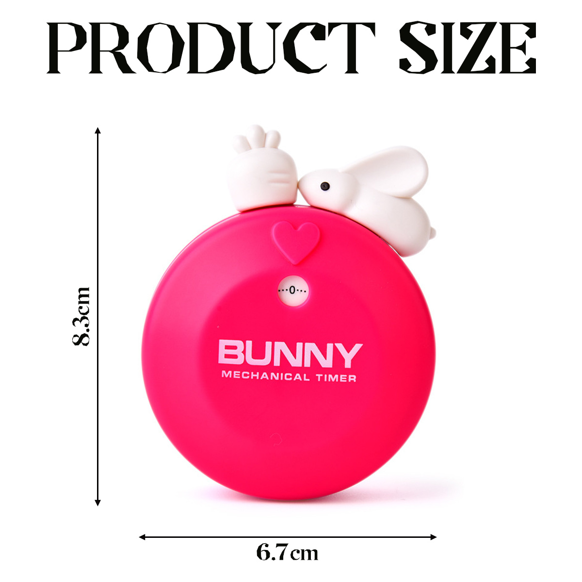 Ein pinkfarbener mechanischer Hasen-Timer mit einem weißen Hasen und Karotten oben. Text: 'BUNNY' und 'PRODUCT SIZE' mit Maßen.
