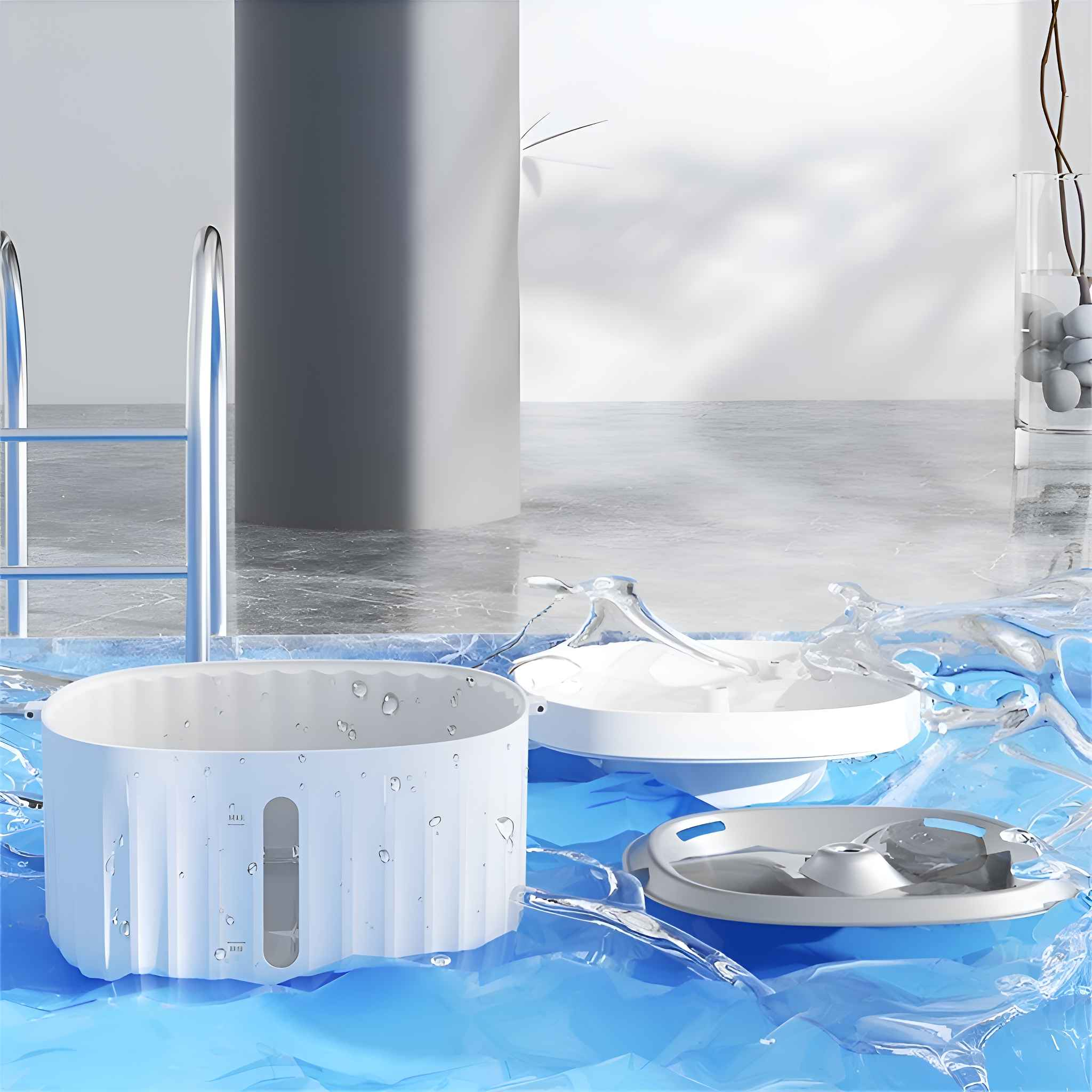 Ein weißer Haustier-Wasserbrunnen mit abgenommenen Komponenten. Wasserspritzer und eine blaue Oberfläche ergänzen die Szene. Eine Leiter ist im Hintergrund.