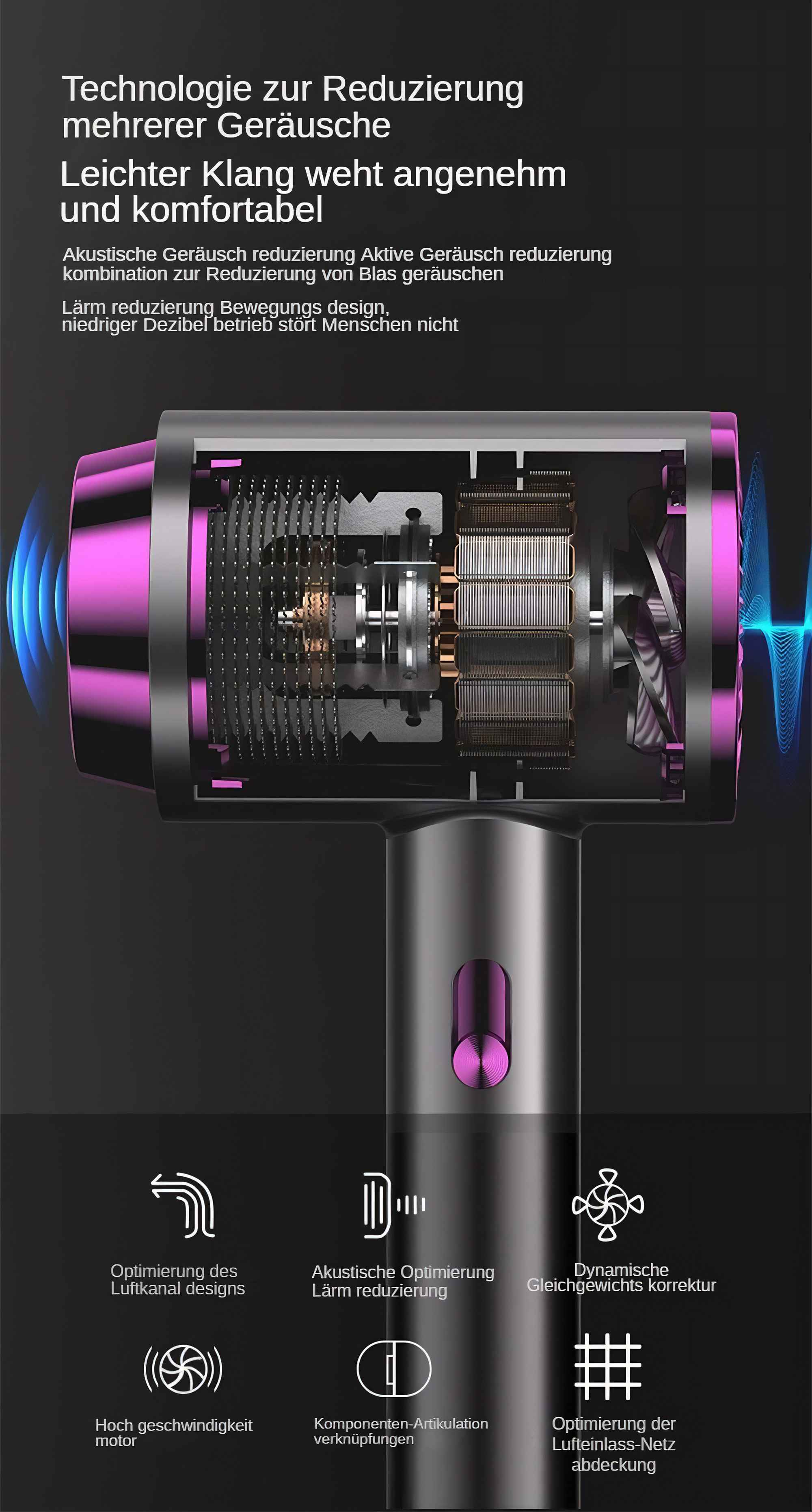 Haartrockner mit sichtbaren inneren Komponenten. Merkmale sind ein pinkfarbener Akzent, ein schwarzer Körper und technische Details.