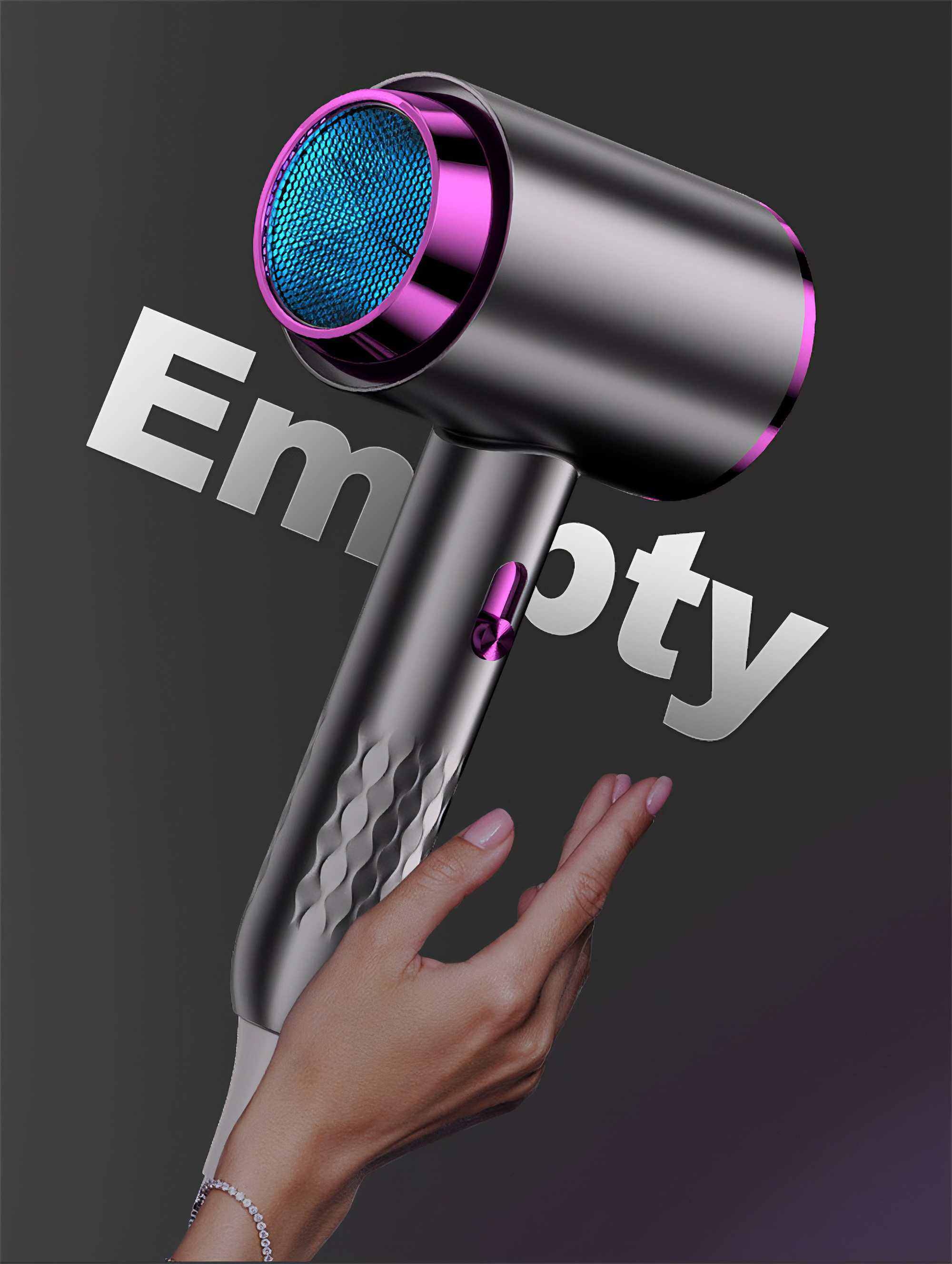 Ein silberner Haartrockner mit rosa Akzenten. Eine Hand hält den Trockner. Das Wort 'Empty' ist überlagert.