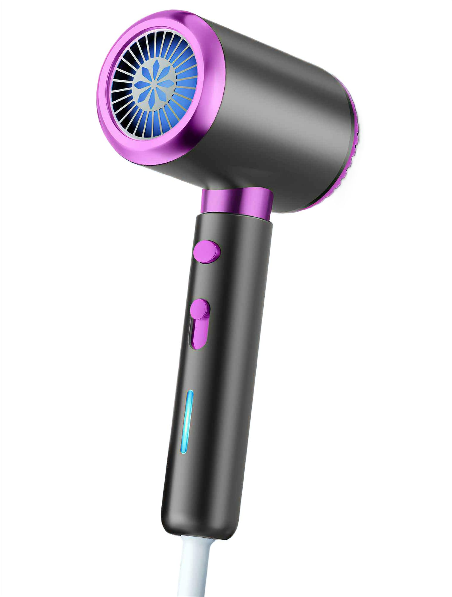 Ein schwarz-violetter Haartrockner mit blauem Ventilator. Er hat Knöpfe und ein Licht am Griff. Ein weißes Kabel ist befestigt.