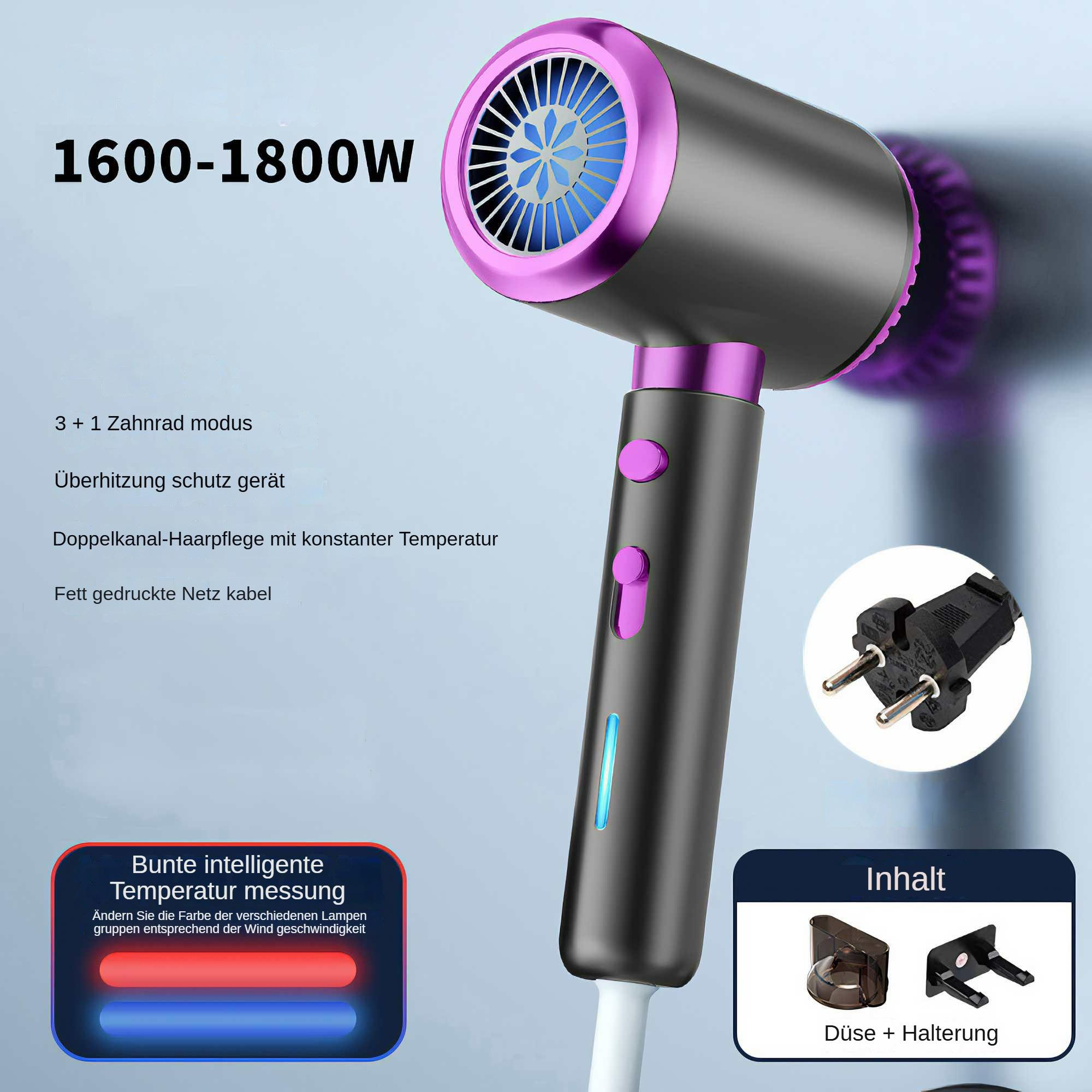 Ein Haartrockner mit lila und grauem Design wird zusammen mit seinen Funktionen und Zubehörteilen angezeigt.