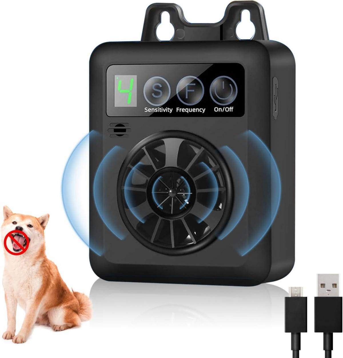Ein schwarzes Hunde-Bellen-Abwehrmittel mit einem Hund und USB-Kabeln. Das Gerät hat Knöpfe und einen Lautsprecher, mit einem roten Kreis über dem Hundemaul.