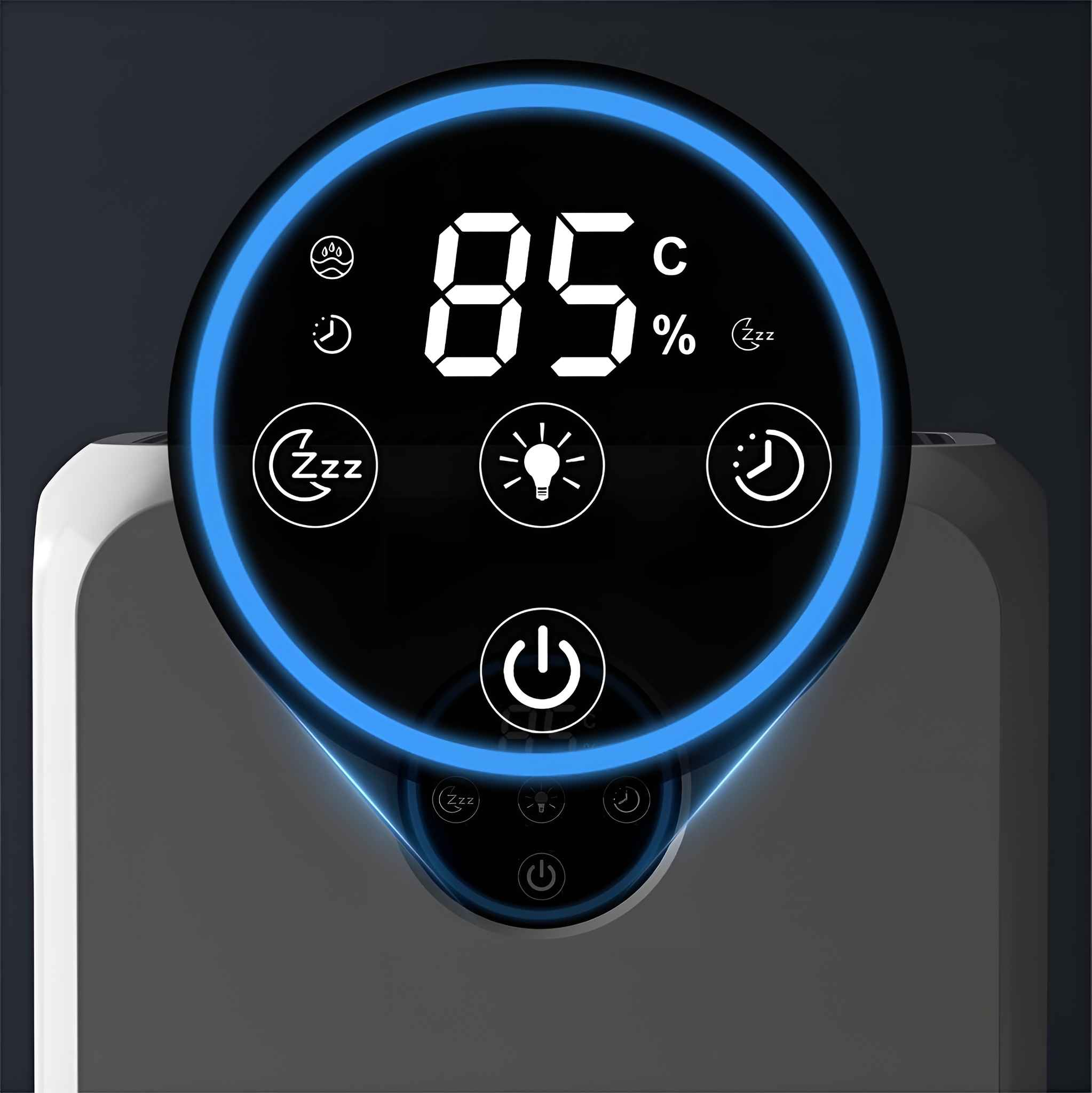 Digitalanzeige auf einem Gerät, die 85 Grad Celsius anzeigt, mit verschiedenen Symbolen für Einstellungen und einem Ein-Aus-Knopf.