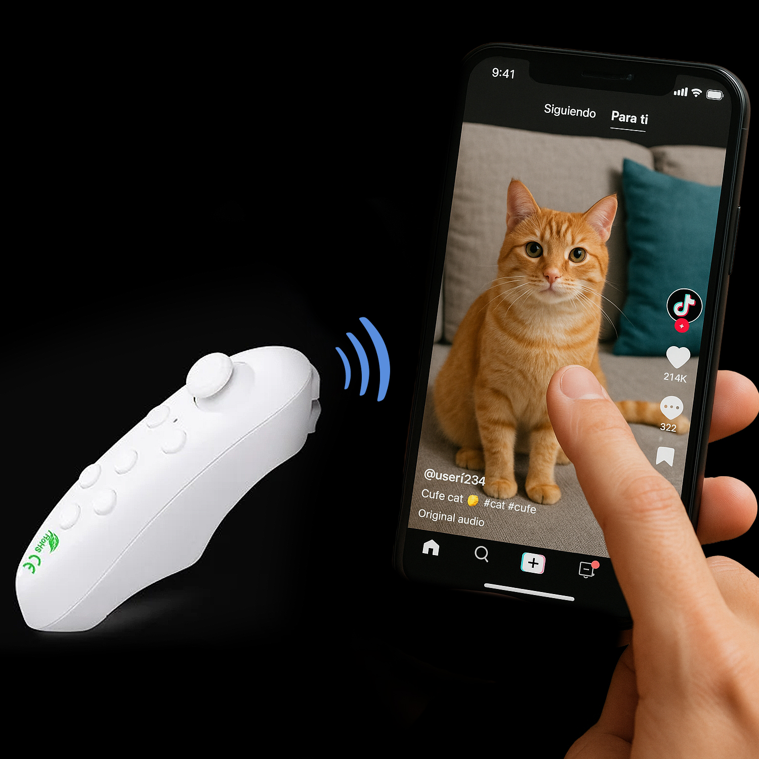 Una mano tocca lo schermo di un telefono che mostra un video di gatti. Un telecomando bianco invia un segnale. Sfondo nero.
