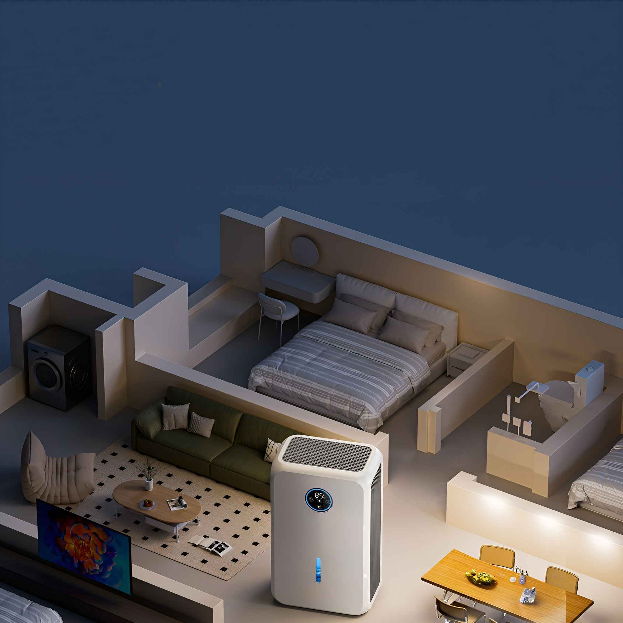 Stilisierte Innenansicht mit Luftentfeuchter. Zu den Räumen gehören ein Schlafzimmer, ein Badezimmer, ein Wohnbereich mit Fernseher und ein Essbereich.
