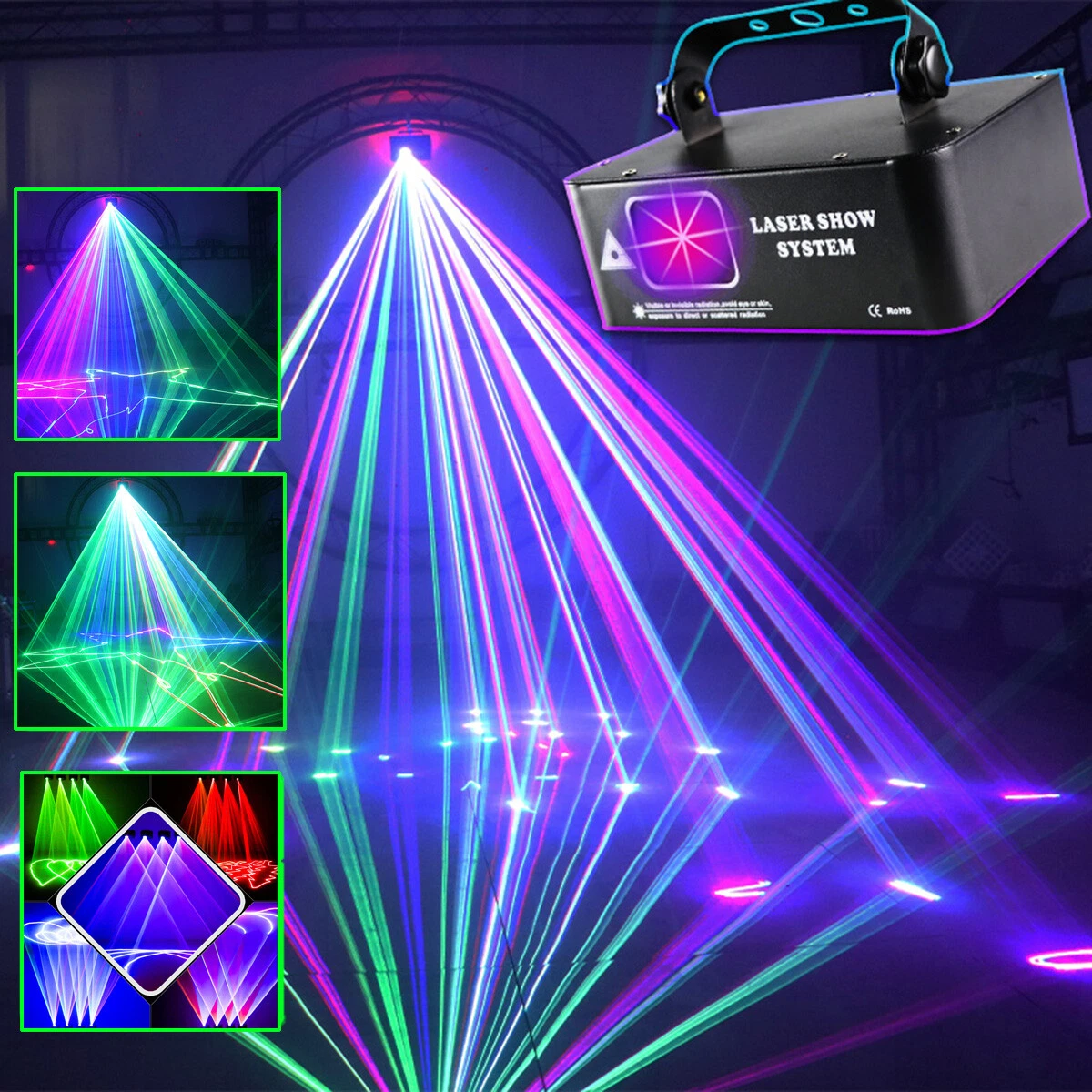Ein Lasershow-System projiziert farbenfrohe Strahlen. Die Strahlen sind grün, rosa und blau. Auf der rechten Seite befindet sich eine schwarze Laserbox.