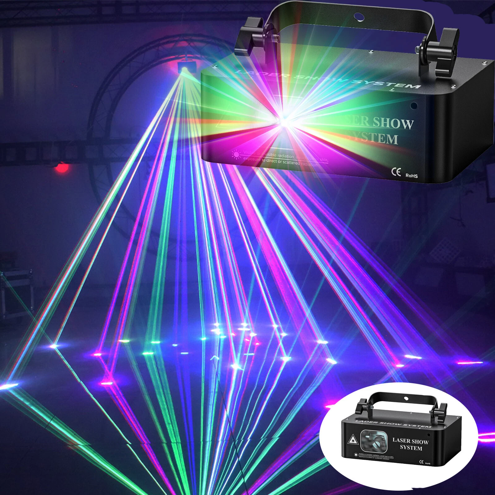 Lasershow-System, das farbenfrohe Strahlen projiziert. Die Szene enthält Bühnenbeleuchtung mit dunklem Hintergrund. Die Strahlen sind grün, blau und pink.