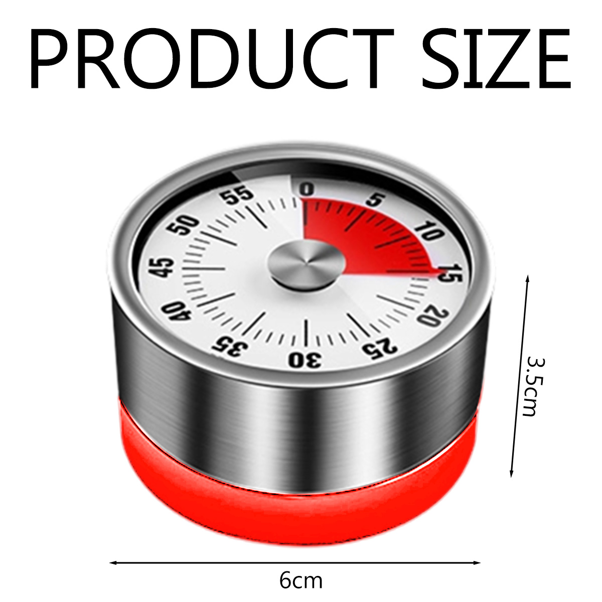 Ein Timer mit roter Basis, silbernem Gehäuse und weißem Zifferblatt mit schwarzen Zahlen. Ein roter Abschnitt zeigt die verstrichene Zeit an. Abmessungen sind angegeben.