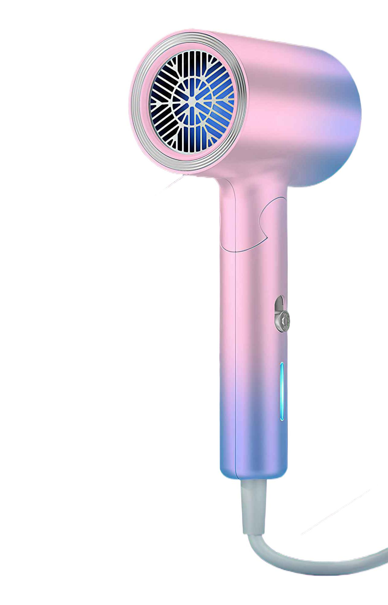 Ein rosa-blauer Haartrockner. Er hat einen Ventilator, einen Griff und ein Netzkabel. Der Hintergrund ist weiß.