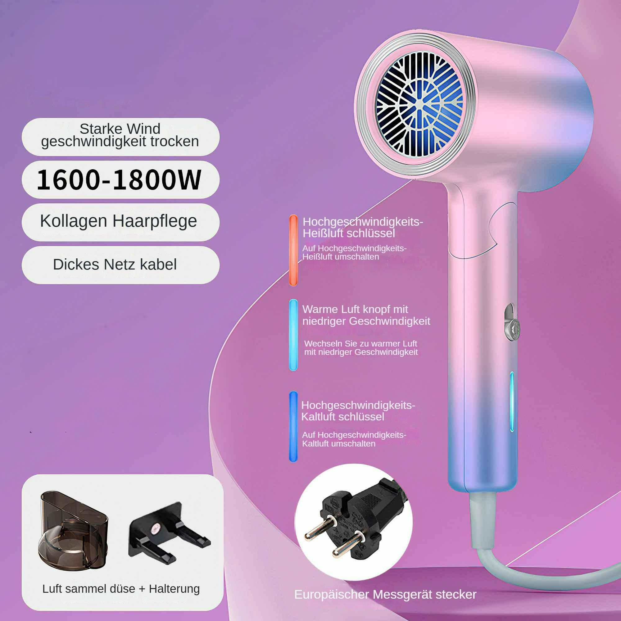 Ein rosa Haartrockner mit blauen Akzenten wird gezeigt. Text zeigt Funktionen wie schnelles Trocknen, Collagen-Haarpflege und ein dickes Netzkabel.