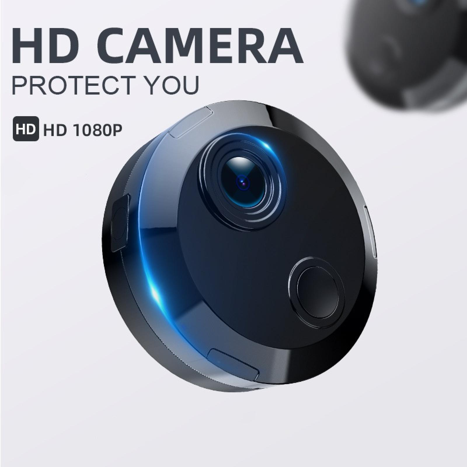 Eine schwarze HD-Kamera mit Linse, blauem Licht und Text, der 'HD CAMERA PROTECT YOU HD 1080P' auf weißem Hintergrund lautet.