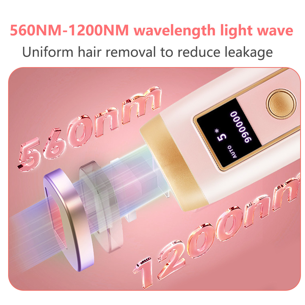 Ein Haarentfernungsgerät mit Digitalanzeige. Lichtstrahl, der vom Gerät ausgeht. Die Zahlen 560nm und 1200nm sind auf rosa Hintergrund sichtbar.