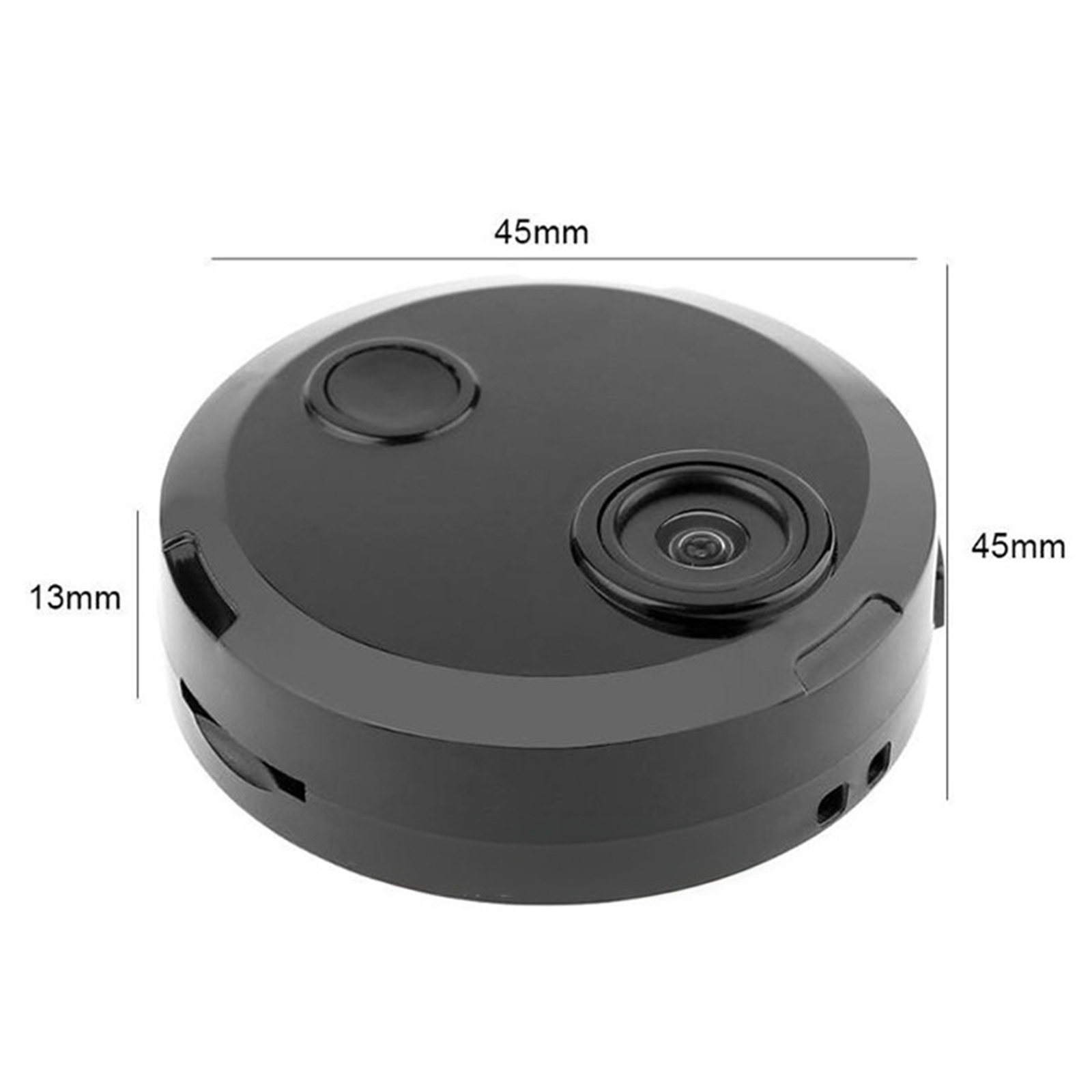 Eine schwarze, kreisförmige Überwachungskamera mit Objektiv, Knopf und den Maßen 45 mm und 13 mm.