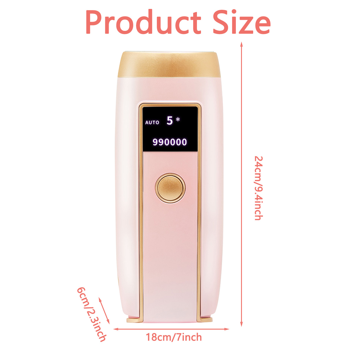 Ein rosa-goldenes Gerät mit Display. Es zeigt Zahlen. Abmessungen: 24 cm/9,4 Zoll, 18 cm/7 Zoll und 6 cm/2,3 Zoll. Text "Produktgröße".