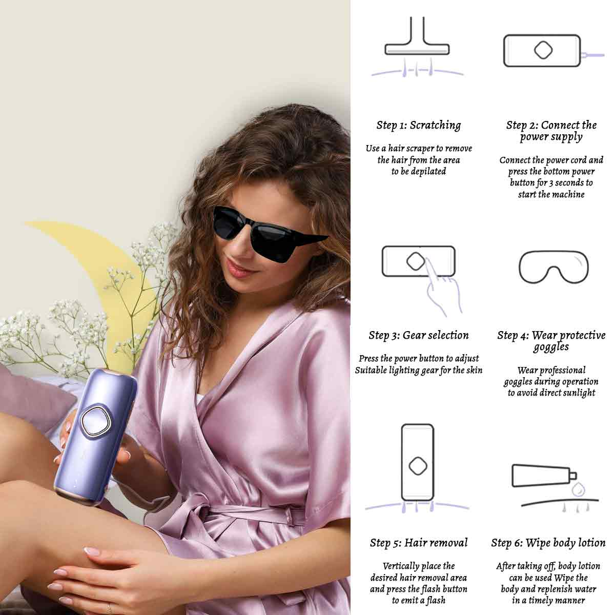 Eine Frau mit Sonnenbrille hält ein Haarentfernungsgerät. Es werden Anwendungsschritte gezeigt: Kratzen, Strom, Gang, Brille, Haarentfernung und Lotion.