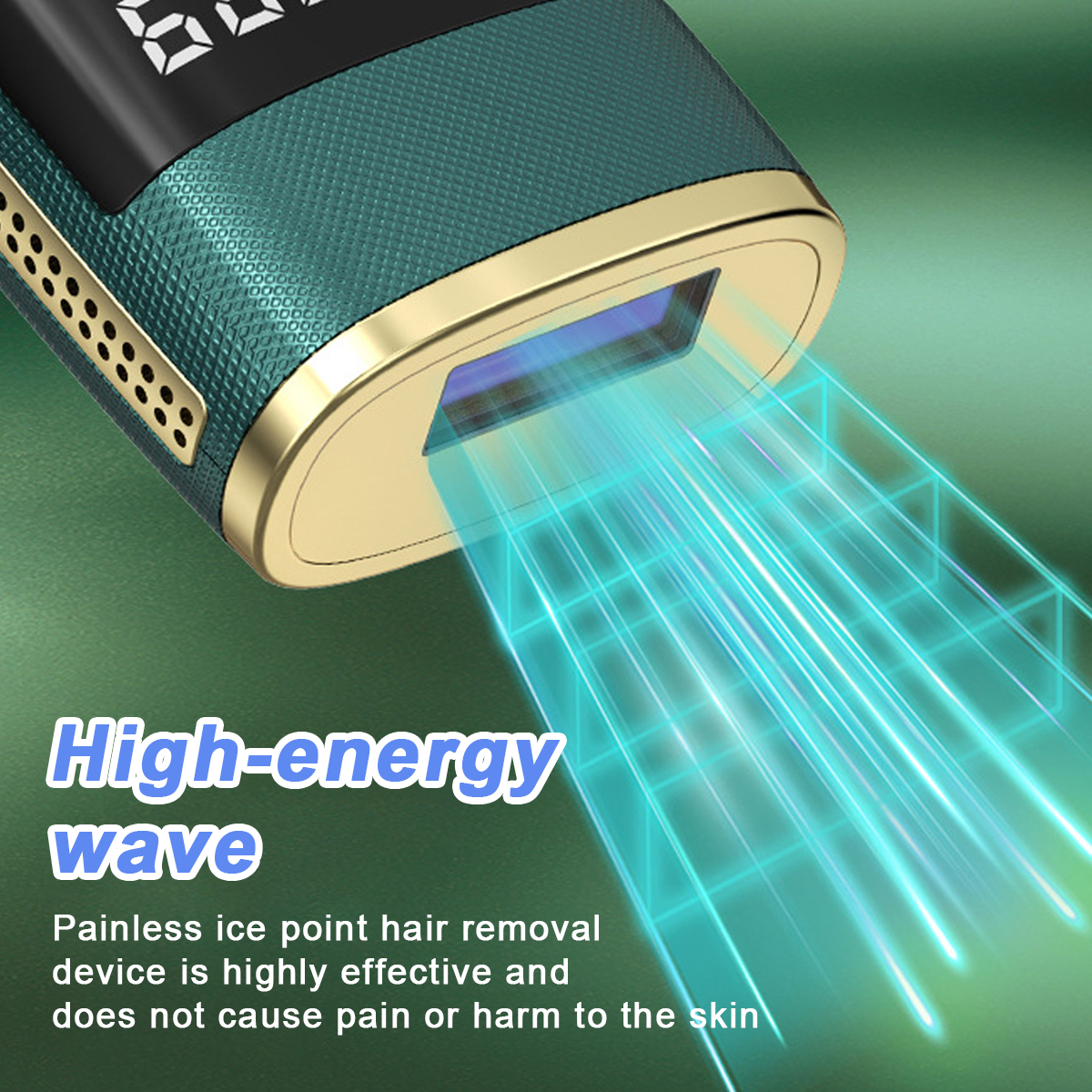 Ein Epilierer mit blauem Licht. Das Gerät ist blaugrün und goldfarben, mit dem Text "High-energy wave" und Produktdetails.