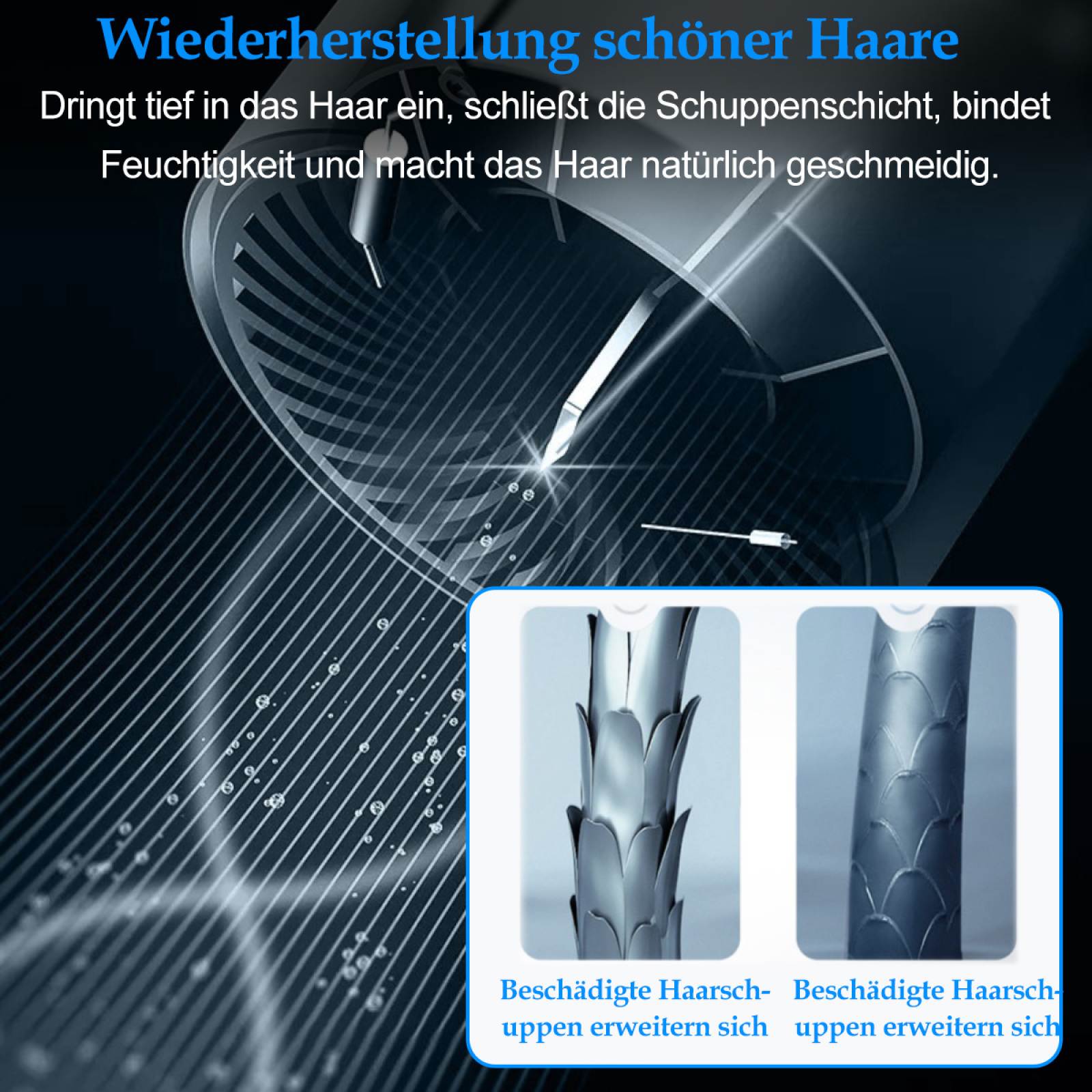 Das Bild zeigt die Haarstruktur vor und nach der Behandlung. Es hebt die Wiederherstellung geschädigter Haarschuppen hervor.