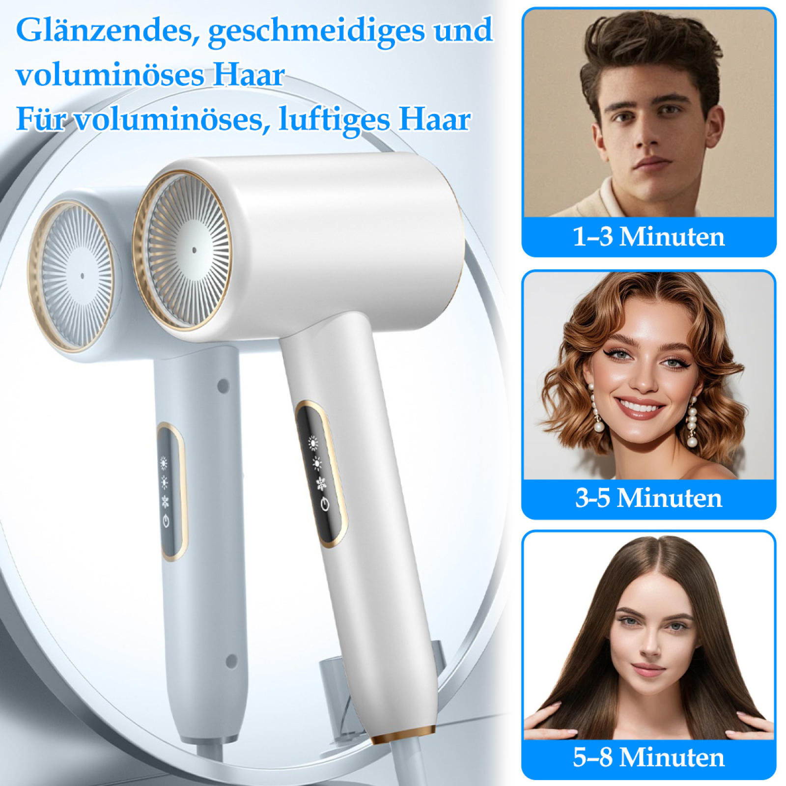 Ein weißer und goldener Haartrockner mit drei Bildern, die verschiedene Frisuren und Trocknungszeiten zeigen.