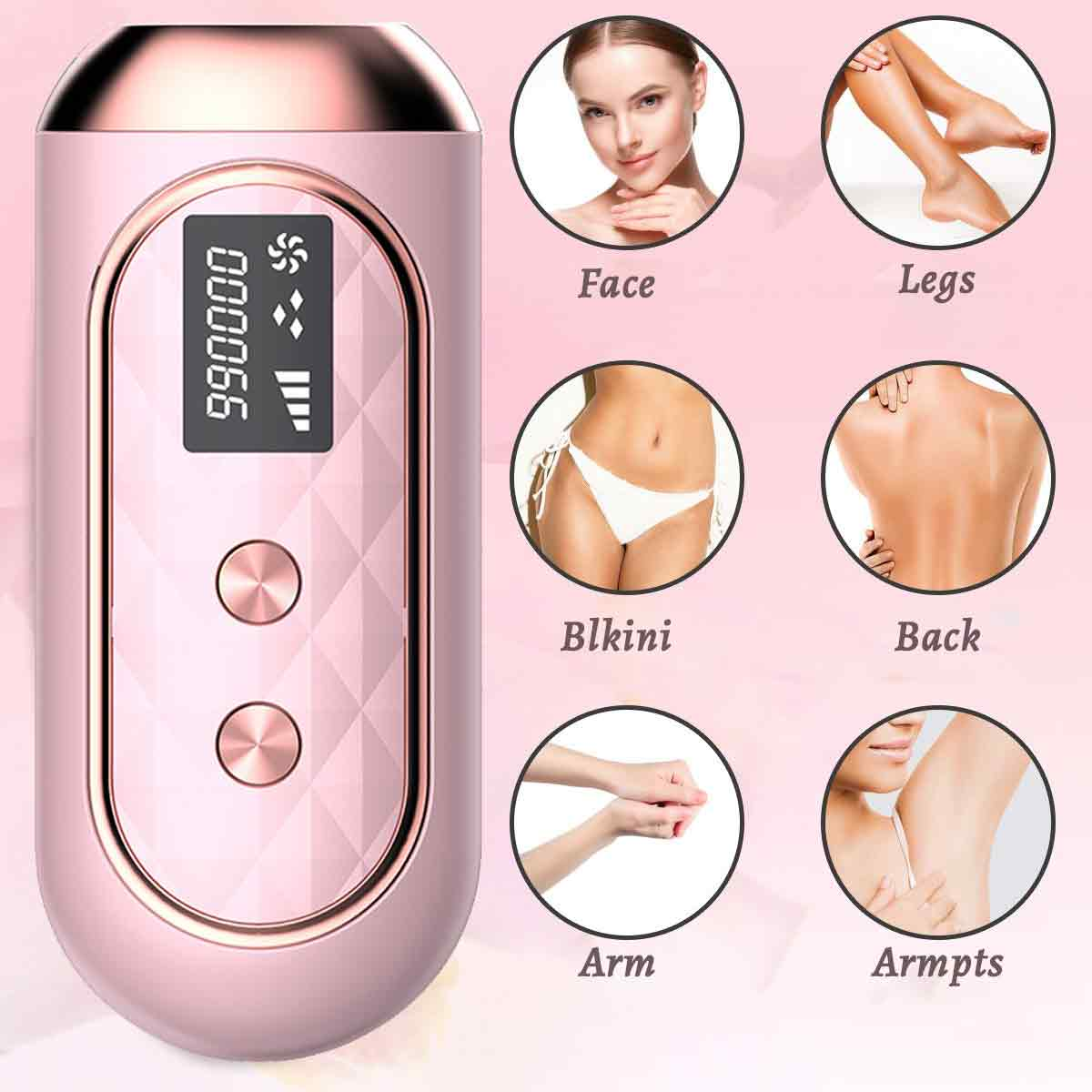 Links ein rosa Haarentfernungsgerät. Runde Bilder zeigen Gesicht, Beine, Bikini, Rücken, Arm und Achsel, was Anwendungsbereiche angibt.