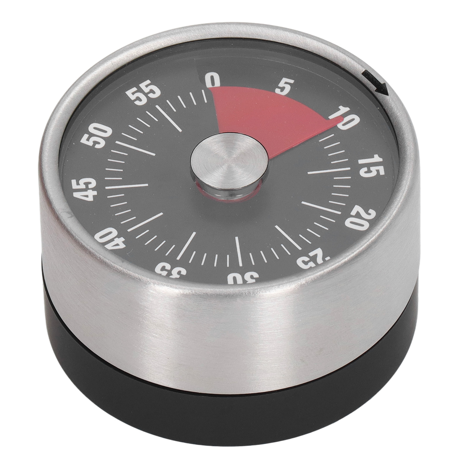 Ein runder Küchentimer mit schwarzem Zifferblatt und weißen Zahlen. Ein roter Indikator zeigt die eingestellte Zeit an. Der Timer hat einen silbernen Rand.