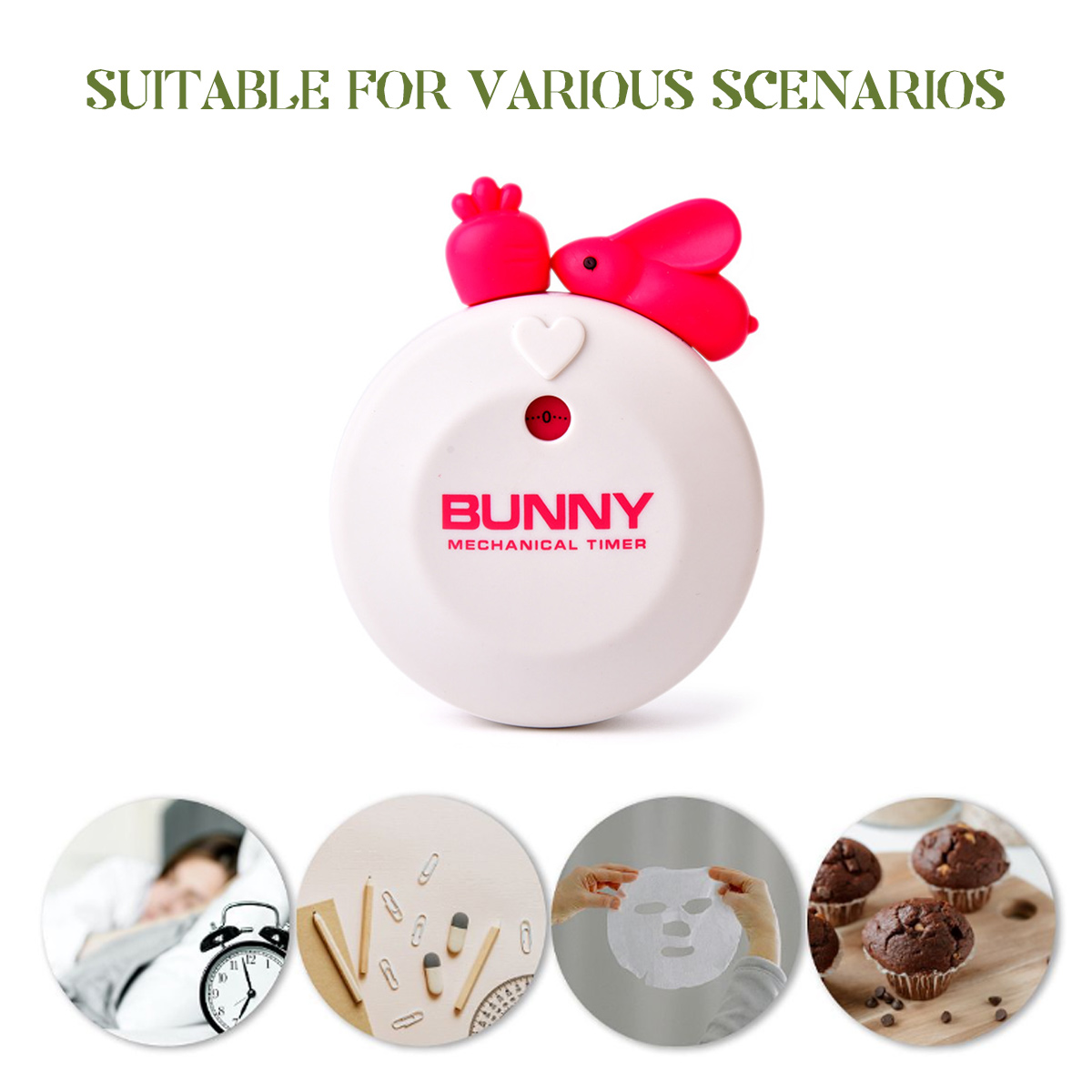 Weißer Bunny-Timer mit rosa Hasenohren oben. Unten sind Bilder von einer schlafenden Person, Schreibwaren, einer Gesichtsmaske und Muffins.