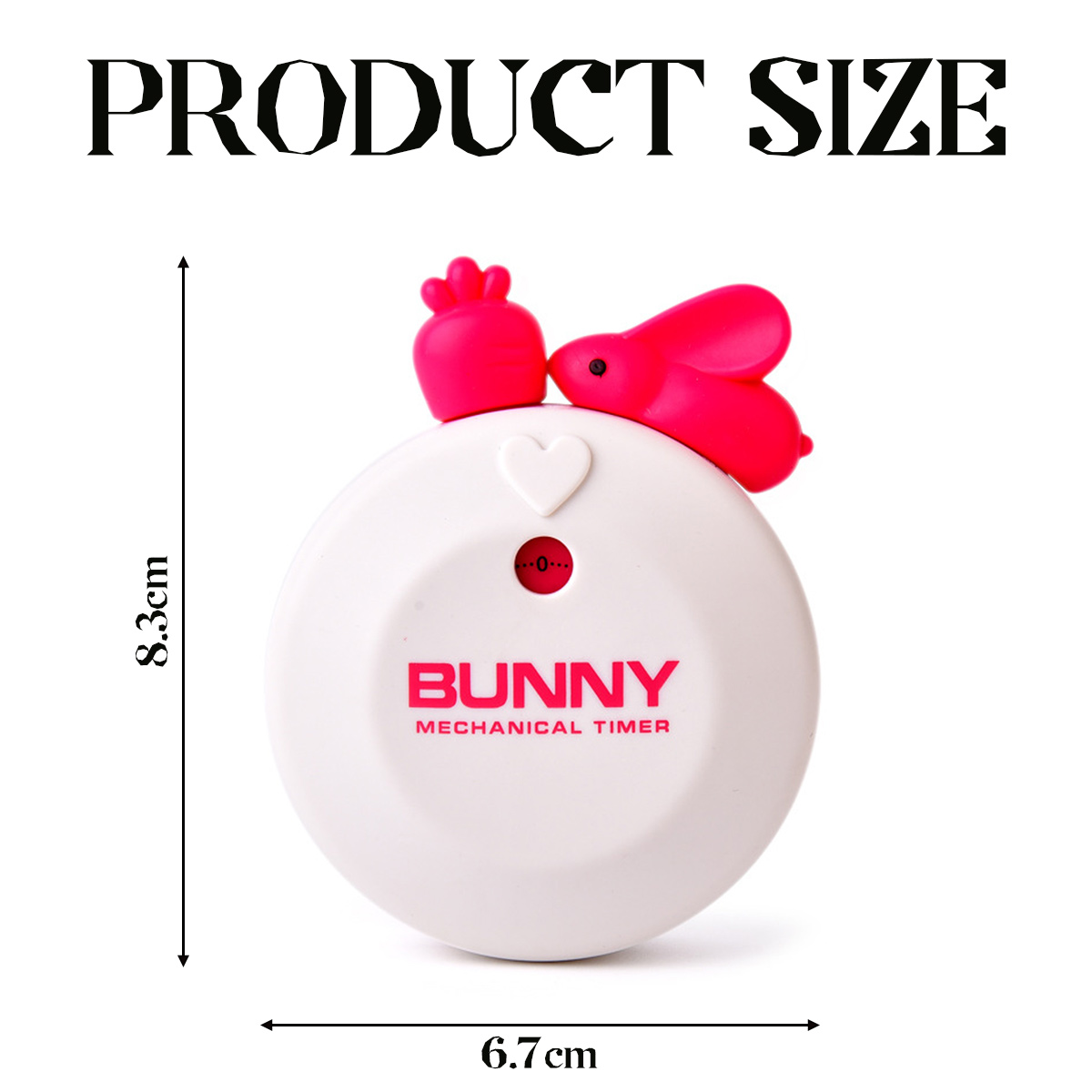 Ein weißer mechanischer Hasentimer mit einem rosa Hasen und einer Karotte oben. Der Timer ist mit 'BUNNY' und 'MECHANICAL TIMER' beschriftet.