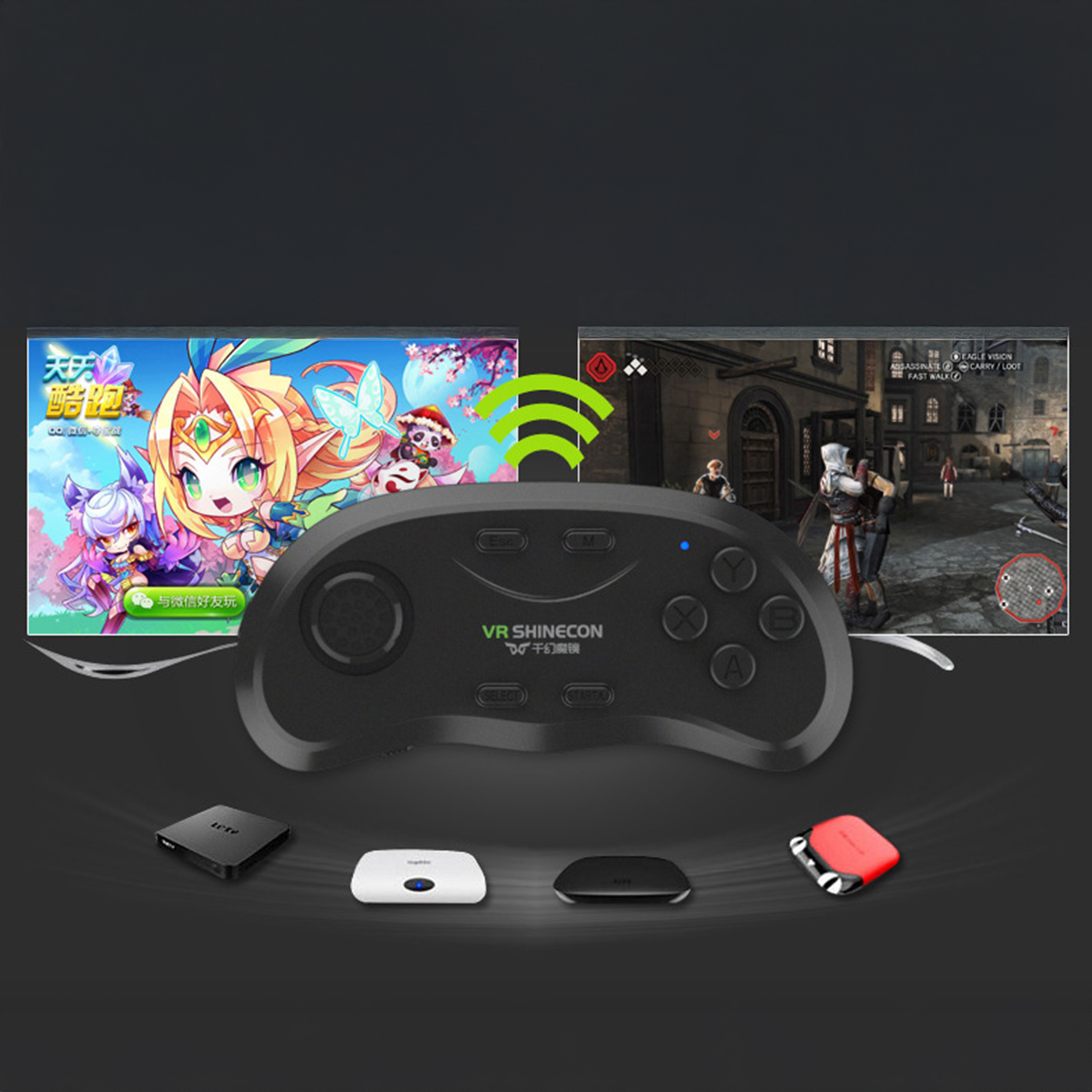 Un controller VR nero con due schermi di gioco, uno con un gioco anime e l'altro con una scena cittadina, e altri dispositivi elettronici.