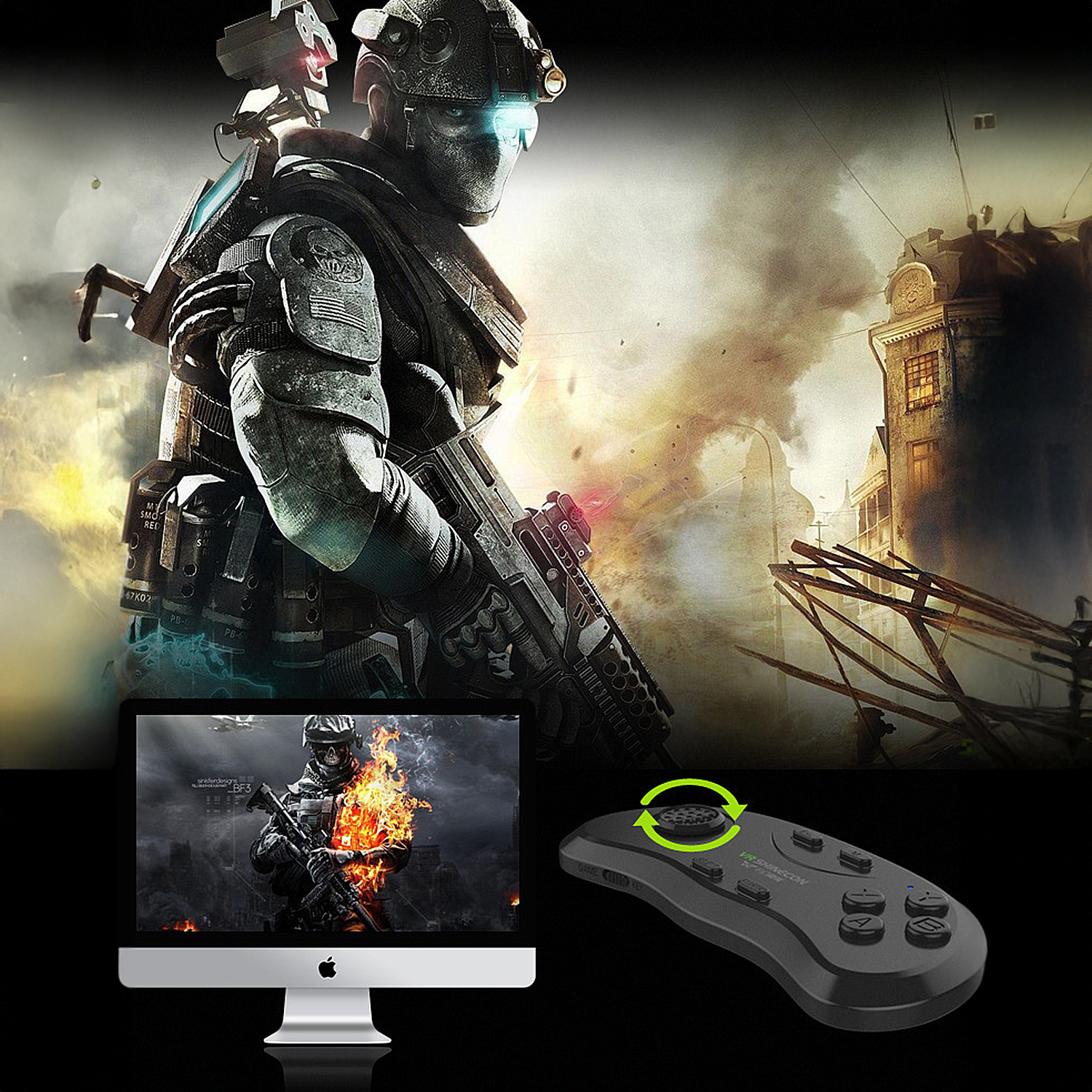 Un soldato con un'arma, un monitor che mostra un soldato in fiamme e un controller di gioco nero con frecce verdi.