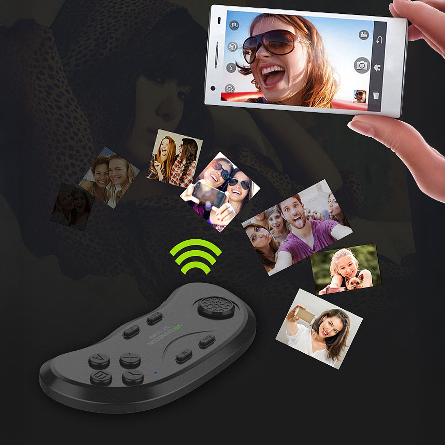 Una persona tiene in mano uno smartphone, mostrando un selfie. Diversi selfie intorno. Un telecomando è visibile. Segnale wireless.