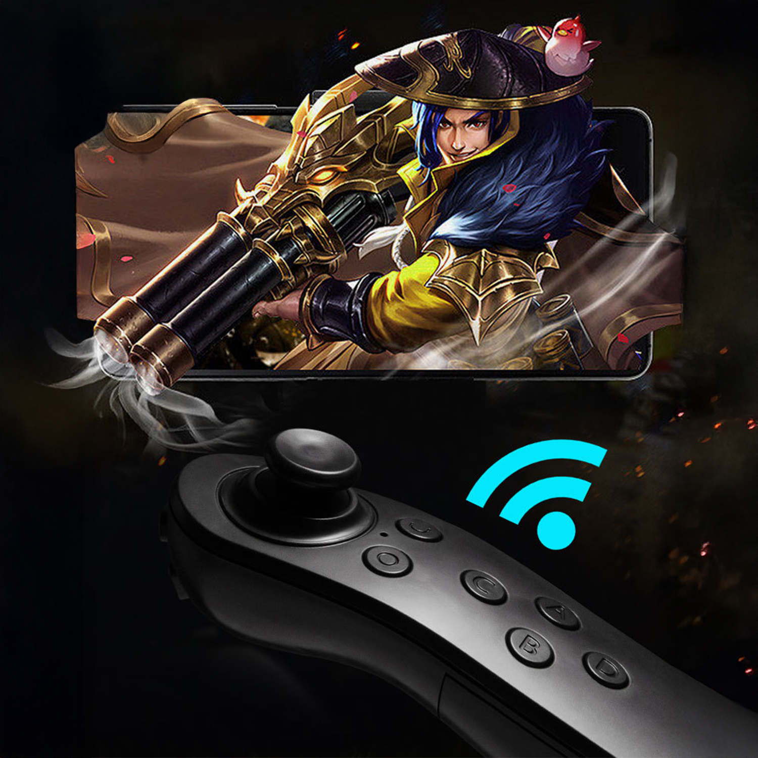 Un telefono mostra un personaggio di gioco con una pistola. Un controller di gioco sottostante ha un'icona Wi-Fi. Il fumo emana dal telefono.